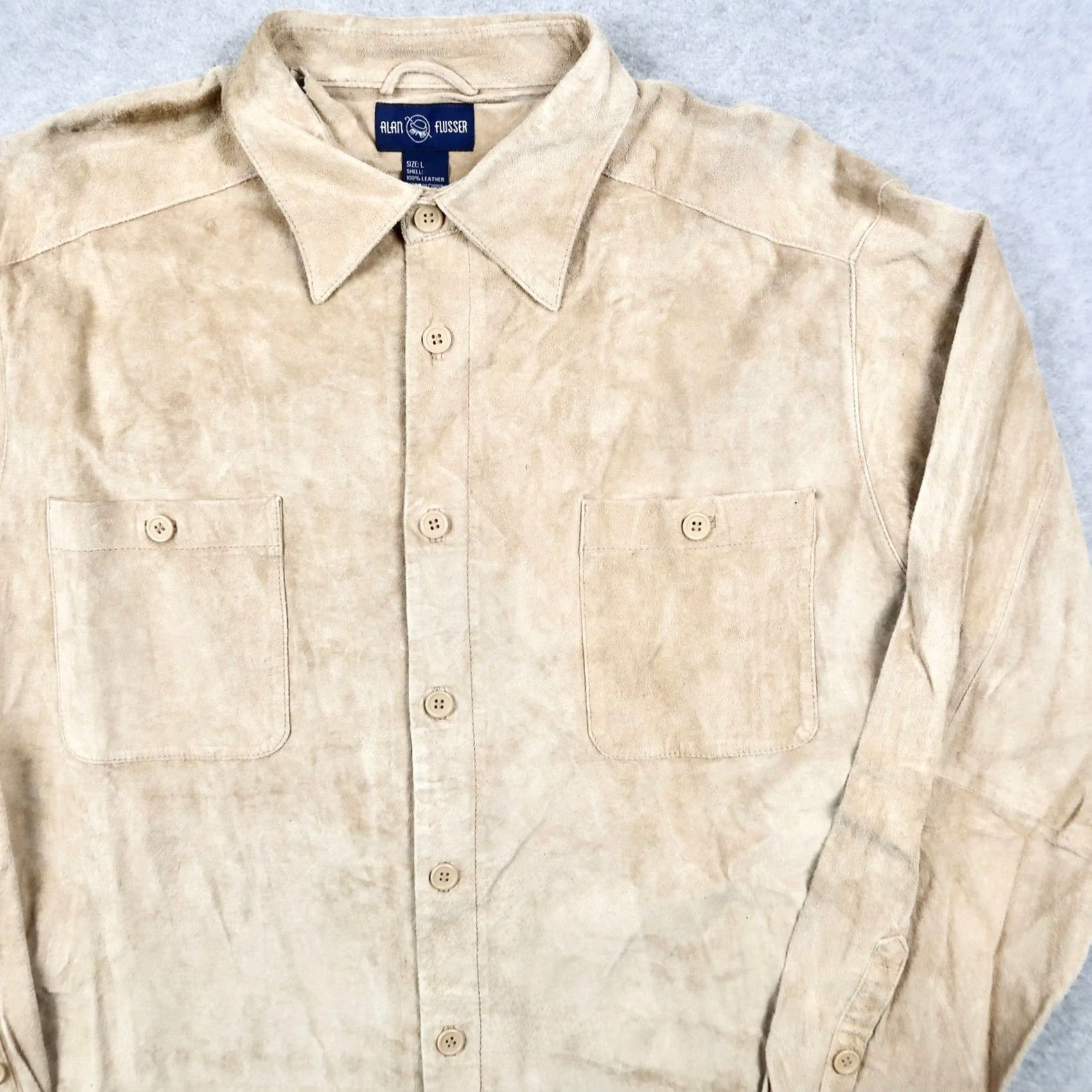 Vintage Alan Flusser Mens Large Tan Suede Leather Shirt Long Sleeve Button Down Casual Outdoor RN110498 Size US L / EU 52-54 / 3 - 3 Thumbnail