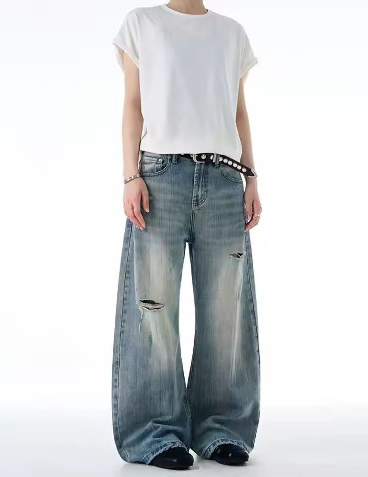 Japanese Brand Cyber-Y2K Distressed Baggy Jeans - Wide-Leg Faded Wash Denim Size US 29 - 2 Thumbnail