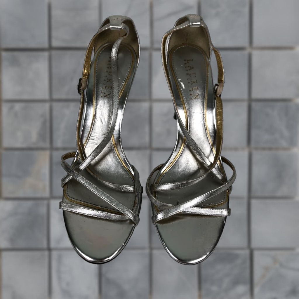 Ralph Lauren Ralph Lauren Womens 6.5 Silver Leather 3.5" Heels Stiletto Open Toe Buckle Dress Shoes Size M / US 6-8 / IT 42-44 - 1 Thumbnail