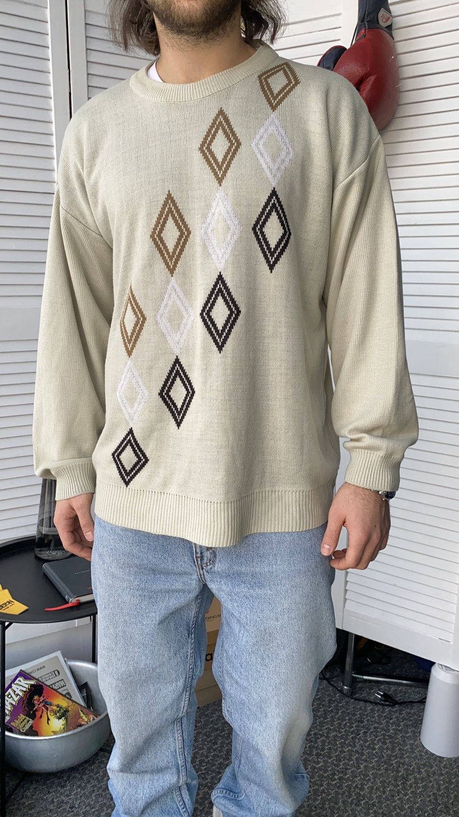 Vintage Vintage 70s Diamond Pattern Knit Crewneck Sweater Size US L / EU 52-54 / 3 - 1 Thumbnail