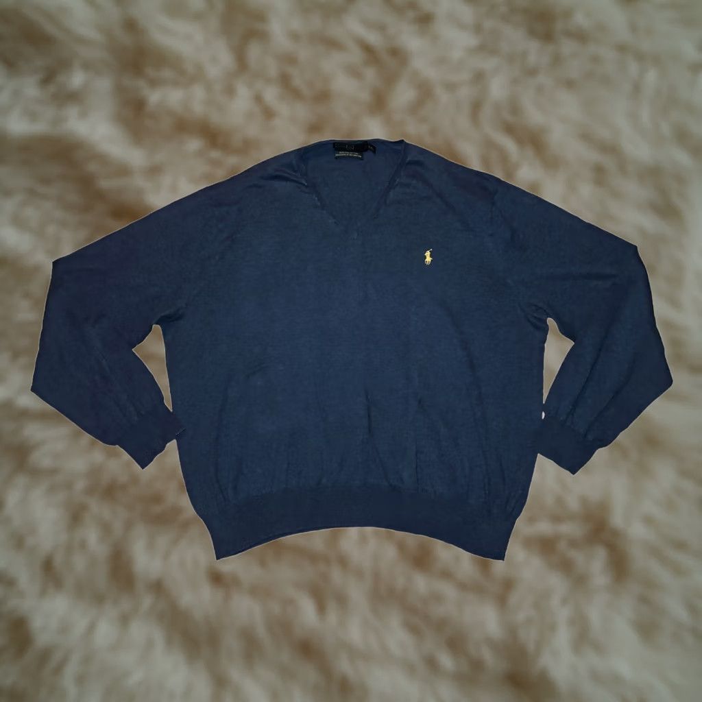 Polo Ralph Lauren VINTAGE Polo Ralph Lauren Sweater Men 2XL Blue V-Neck Pullover Long Sleeve Cotton Logo Embroidered 90s Classic Preppy Size US XXL / EU 58 / 5 - 1 Thumbnail