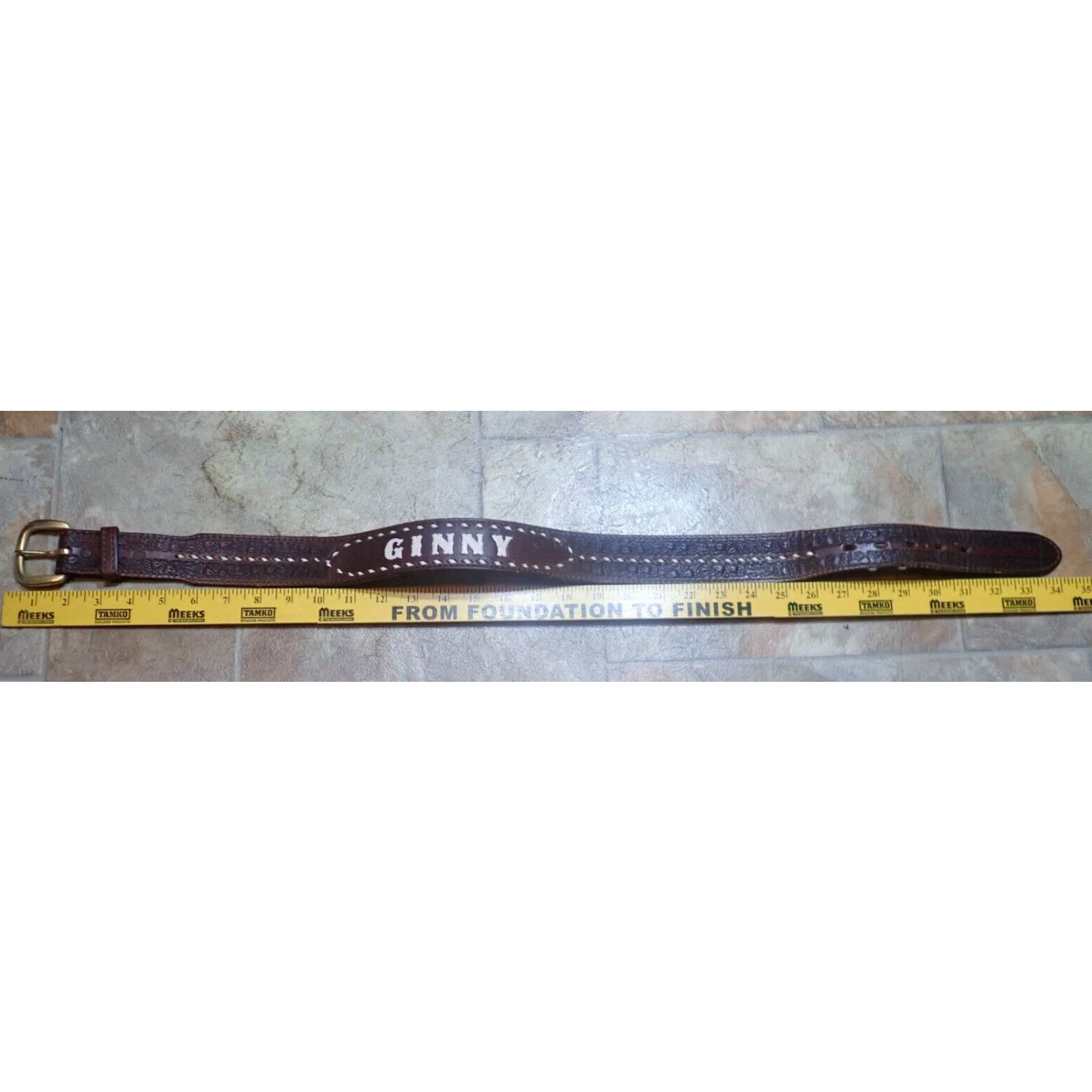 Vintage VINTAGE Bona Allen Belt GINNY Name 30 Brown Tooled Leather Western Belt Womens 70s 80s 90s USA Buckle Size ONE SIZE - 5 Thumbnail
