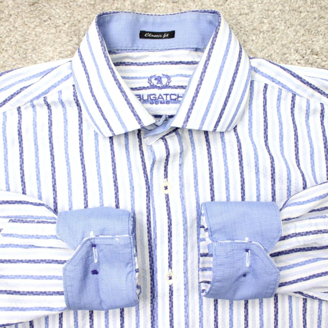 BUGATCHI Bugatchi Uomo Shirt Men Large Blue Striped Cotton Long Sleeve Button-Up Classic Fit Size US L / EU 52-54 / 3 - 2 Thumbnail