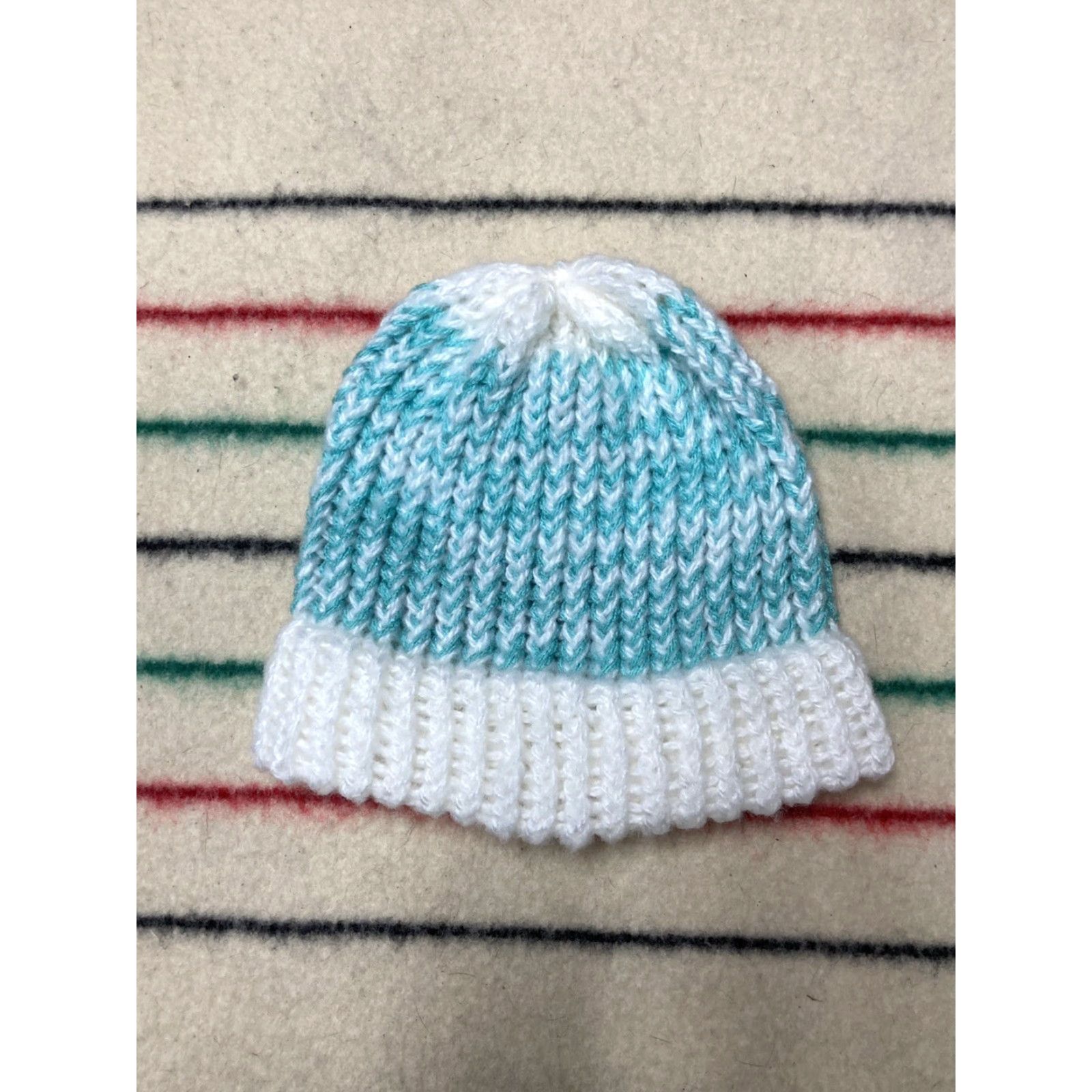 Vintage VINTAGE Crochet Beanie Hand Made Knit Light Blue Striped White Winter Snow Toboggan Beanie Womens One Size White Knit Crochet Winter Accessories Size ONE SIZE - 3 Thumbnail
