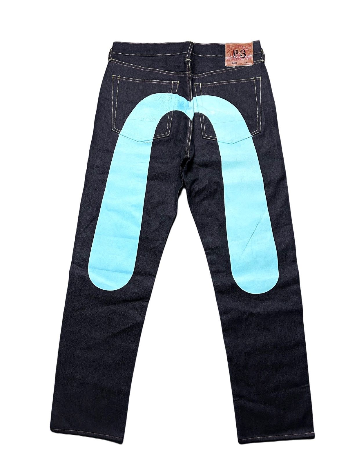 image of Evisu Jeans Vintage Selvedge Black Baby Blue Daicock Logo, Men's (Size 34)