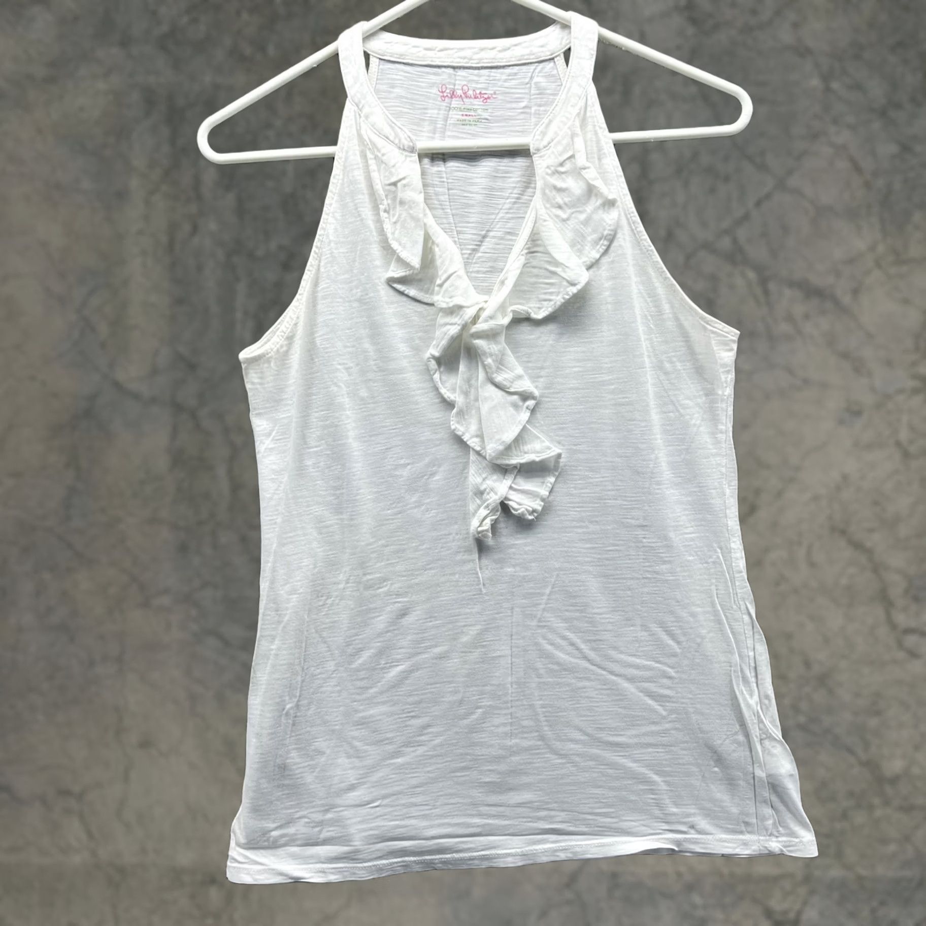 Lilly Pulitzer Lilly Pulitzer Tank Womens Small White Ruffle V-Neck Pima Cotton Jersey Tasns? Size S / US 4 / IT 40 - 1 Thumbnail