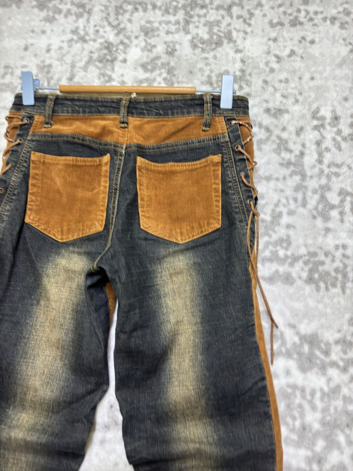 Japanese Brand Y2K Unisex Lace Up Bootcut Denim Corduroy Hybrid Jeans Size US 27 - 9 Thumbnail