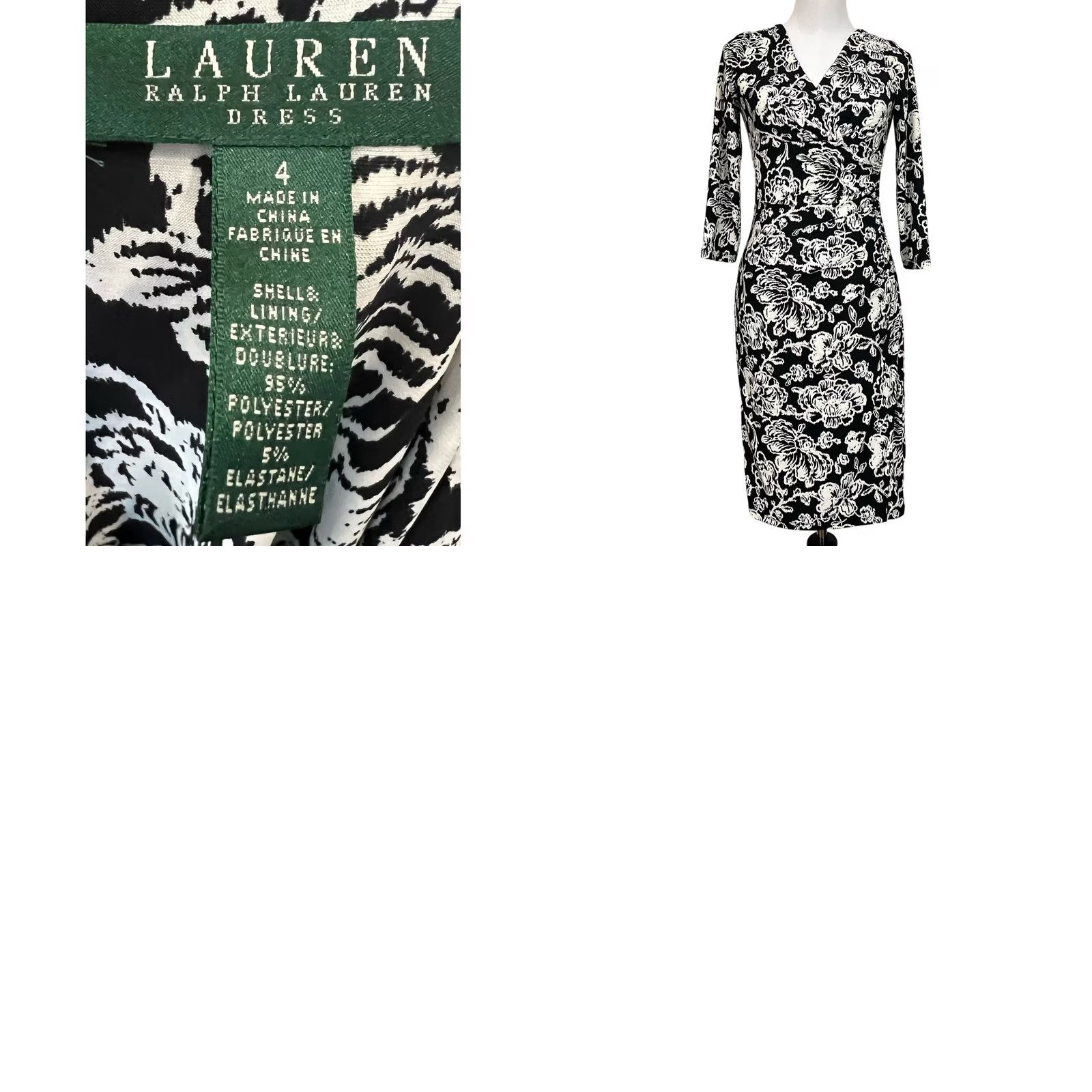 Ralph Lauren VINTAGE Lauren Ralph Lauren Dress Black White Floral Stretch Knit V-Neck Ruched Size 4 Size S / US 4 / IT 40 - 8 Thumbnail