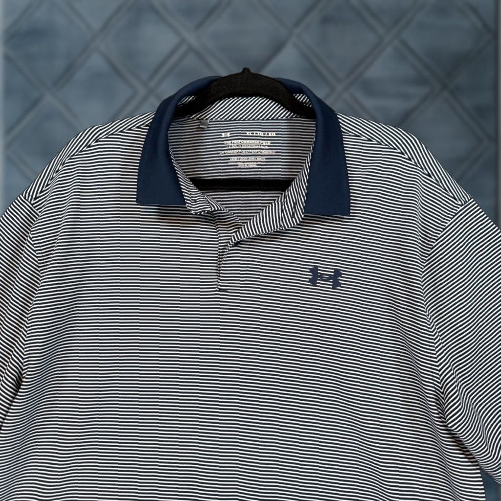 Under Armour Under Armour Performance Polo Shirt Mens XL Navy Striped Short Sleeve Golf Loose Size US XL / EU 56 / 4 - 1 Thumbnail
