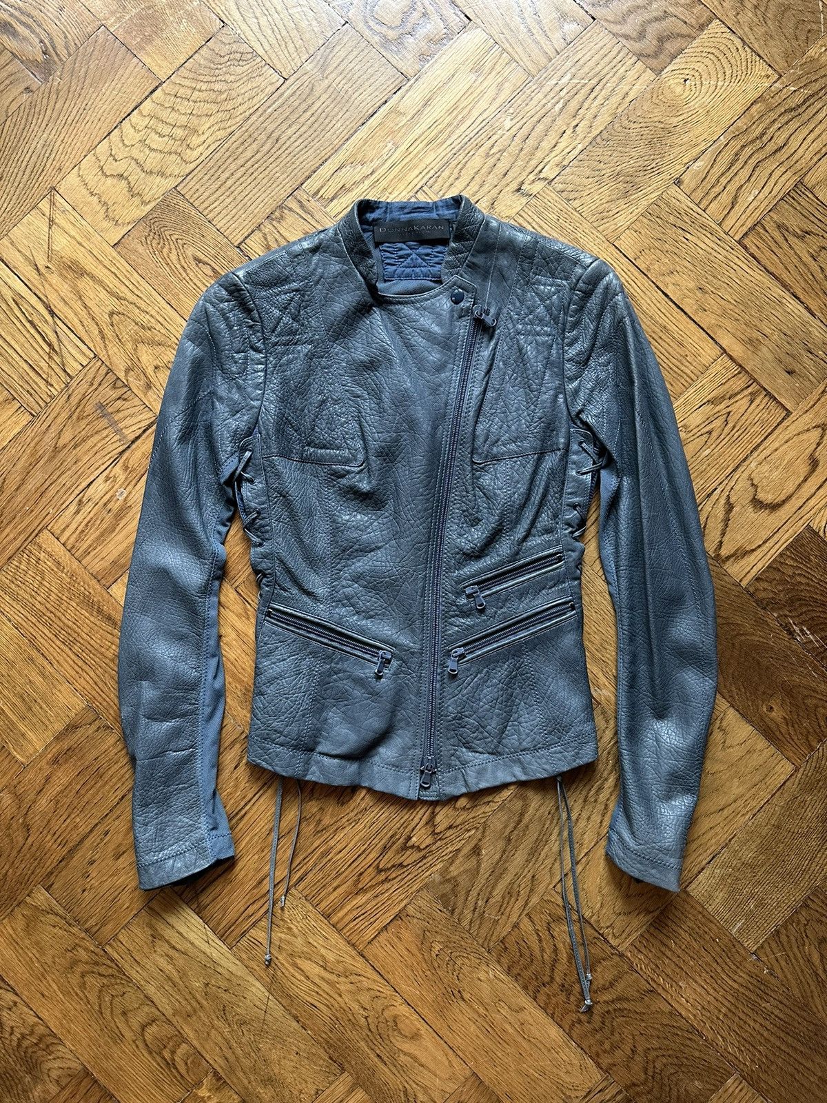 image of Dkny x Donna Karan Vintage Avant Garde Leather Jacket in Blue, Women's (Size Medium)
