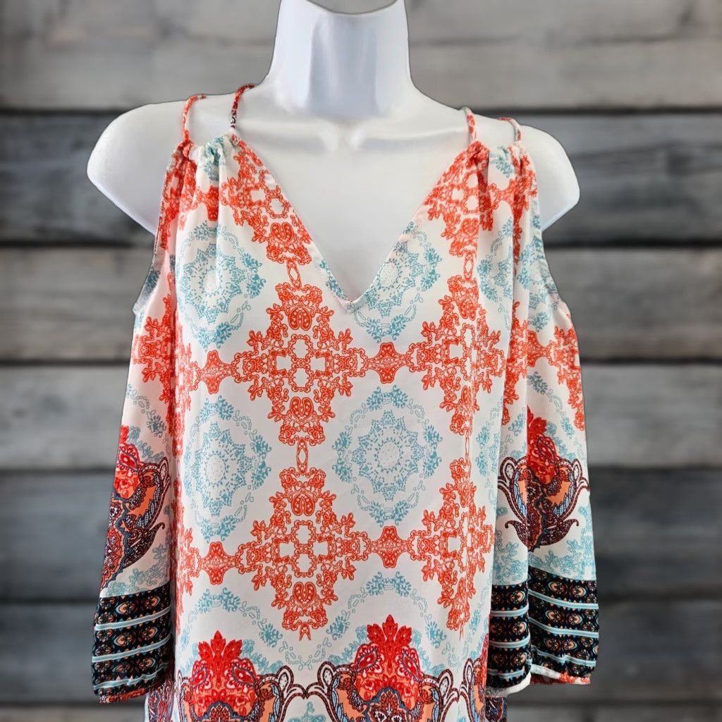 Vintage Skies Are Blue Womens Cold Shoulder Top Sz Small Blue Red V-Neck 3/4 Sleeve Size S / US 4 / IT 40 - 1 Thumbnail