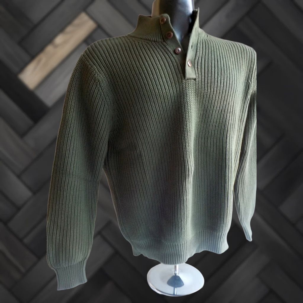 Vintage L.L. Bean Henley Sweater Shirt Knit 100% Cotton Army Green Medium 4 Buttons Mens Size US M / EU 48-50 / 2 - 1 Thumbnail