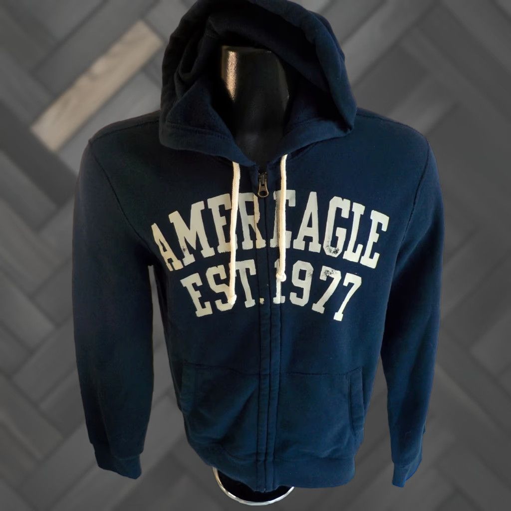 American Eagle Outfitters AMERICAN EAGLE Full Zip Hooded Sweatshirt Blue Cotton Blend SZ SMALL Men Sweatshirt Zipper Fleece Graphic Print Hooded Side Pockets Good Condition Size US S / EU 44-46 / 1 - 1 Thumbnail