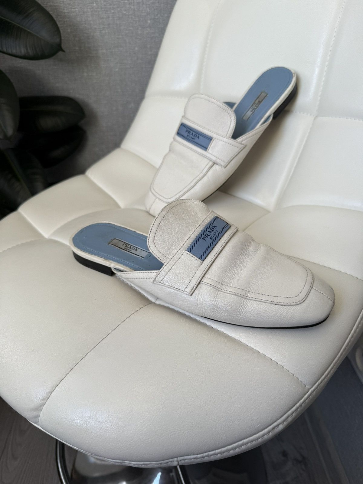 Prada Prada White Leather Backless Loafers Mules Blue Logo Detail Size US 9 / IT 39 - 8 Thumbnail