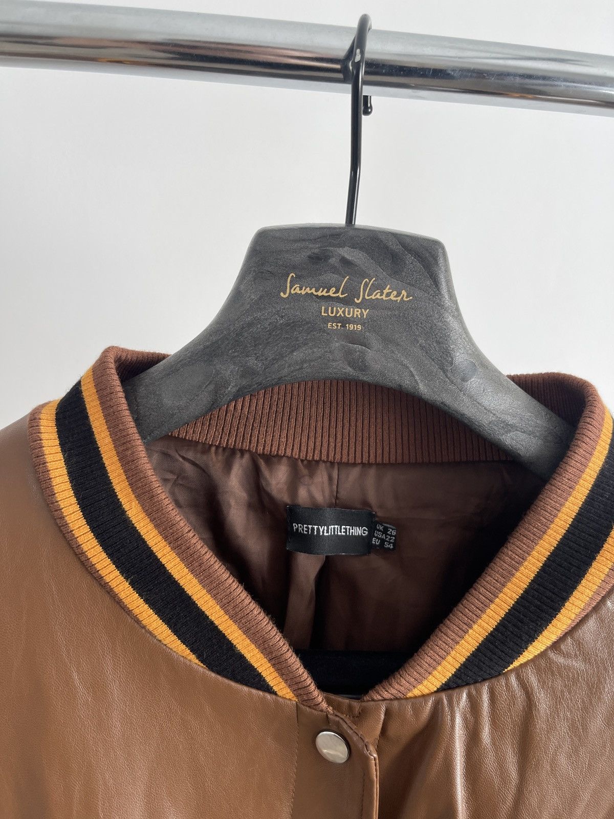 PrettyLittleThing Brown Faux Leather Varsity jacket with NEW YORK spelled out Size 3XL / US 20-22 - 5 Thumbnail