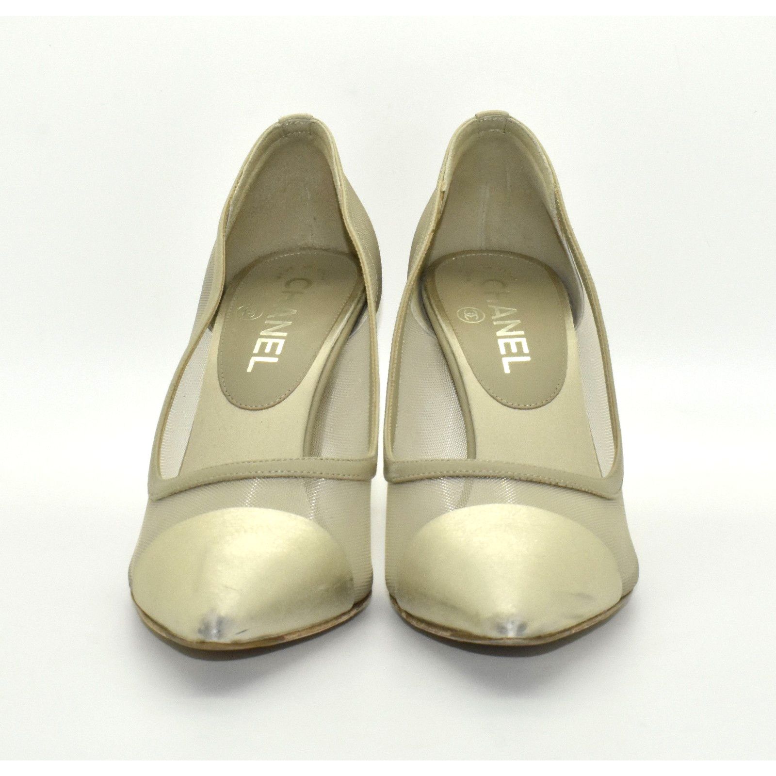 Chanel CHANEL Mesh & Leather Gold Cap Toe Back CC Logo Pump Sz 37C Size US 6.5 / IT 36.5 - 5 Thumbnail