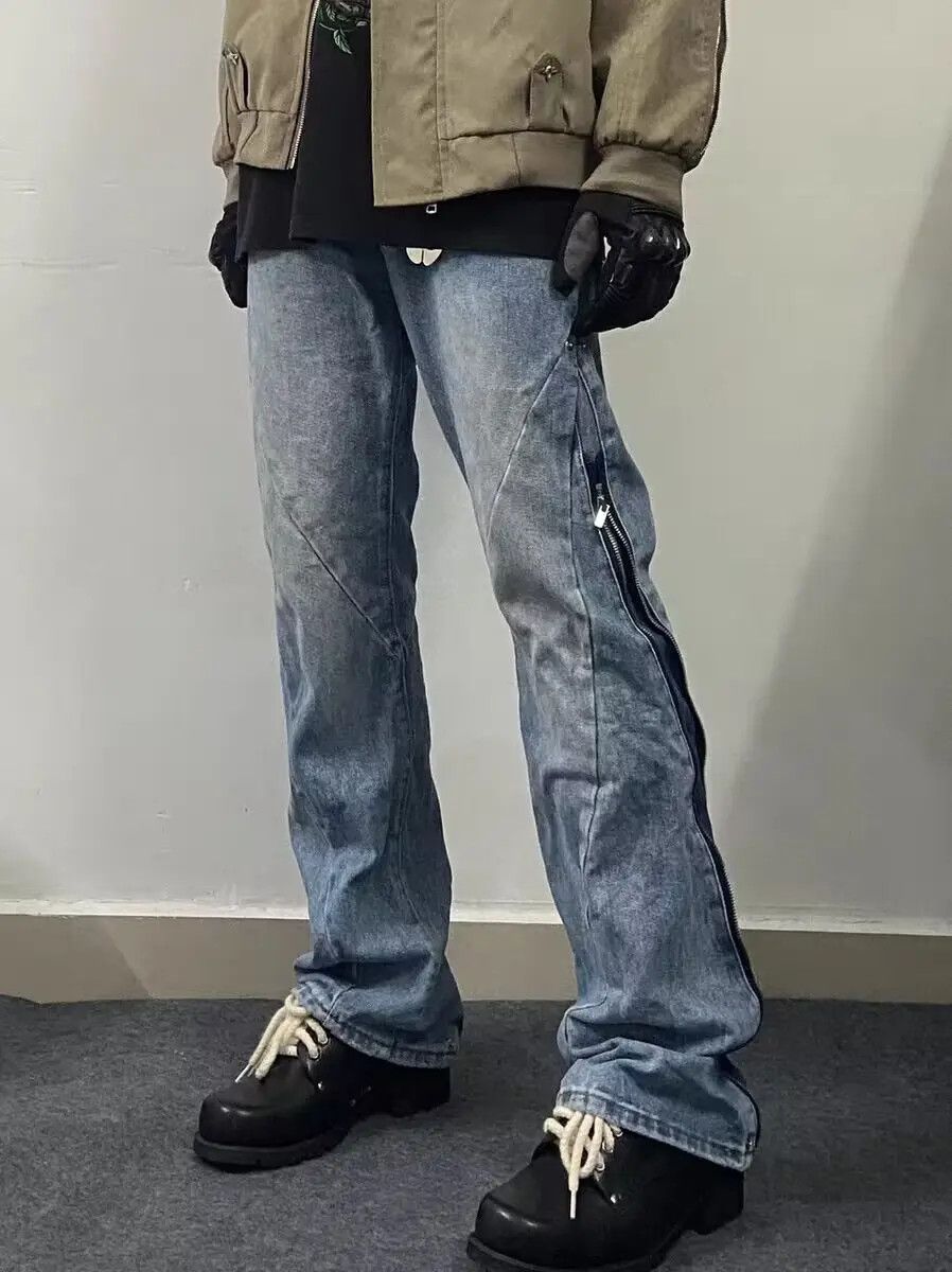 image of Street Hip-Hop Washed Zipper Micro-Flare Jeans in Blue, Men's (Size 32)