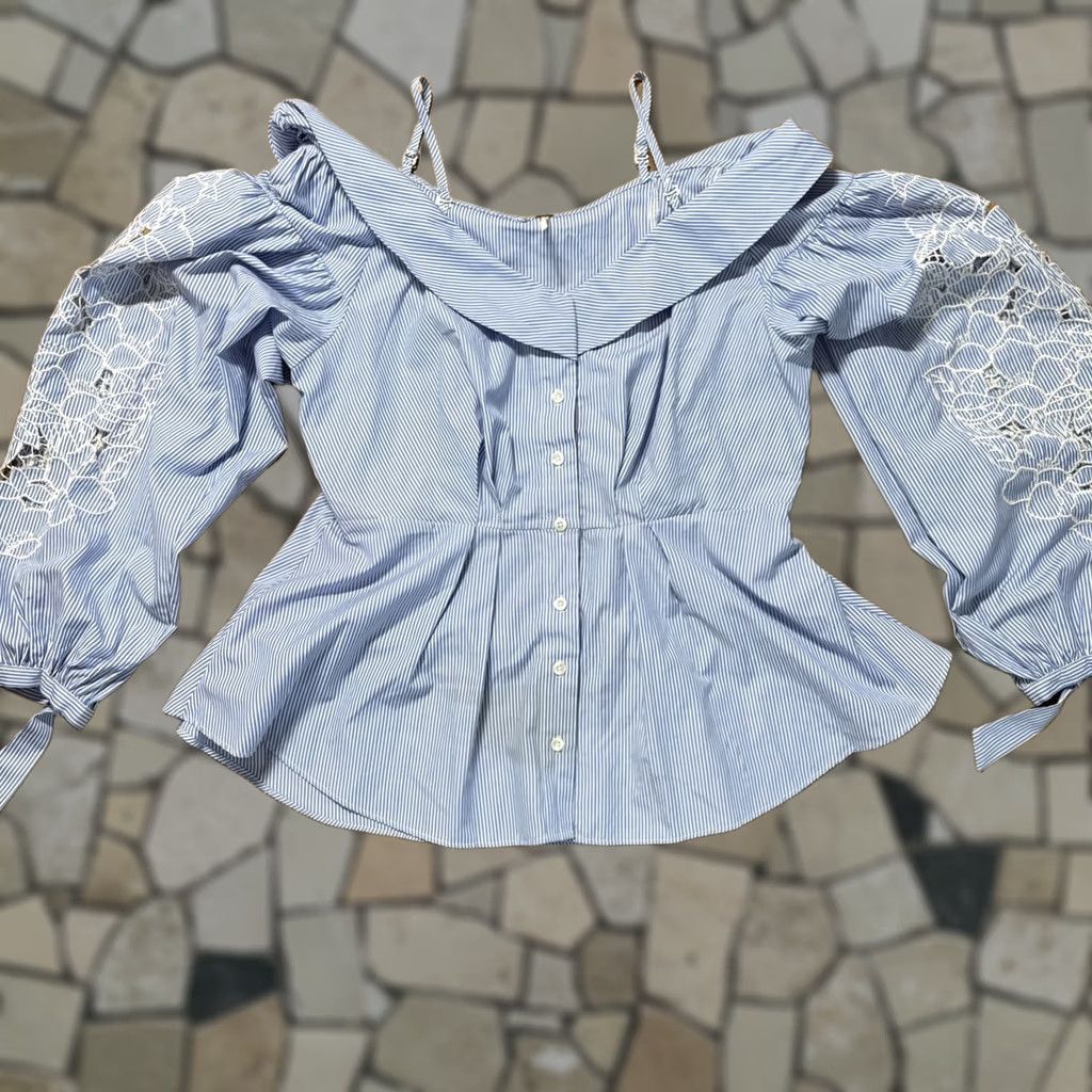 Free People Free People Striped Bell Button Blouse Top L Womens Blue White Size L Size L / US 10 / IT 46 - 1 Thumbnail