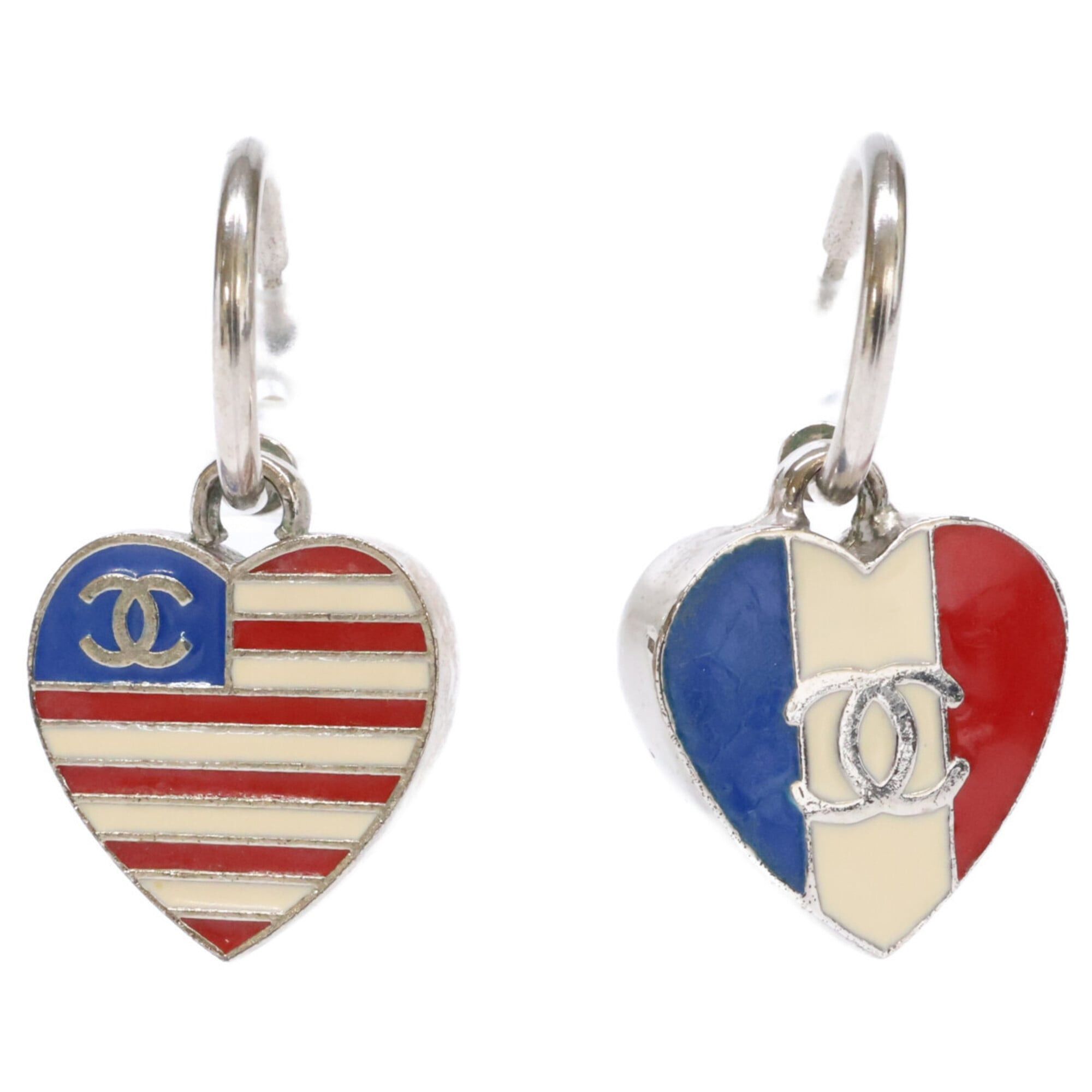 Chanel Coco Mark American and French Flag Motif Heart Design Swing Earrings Tricolor Women's