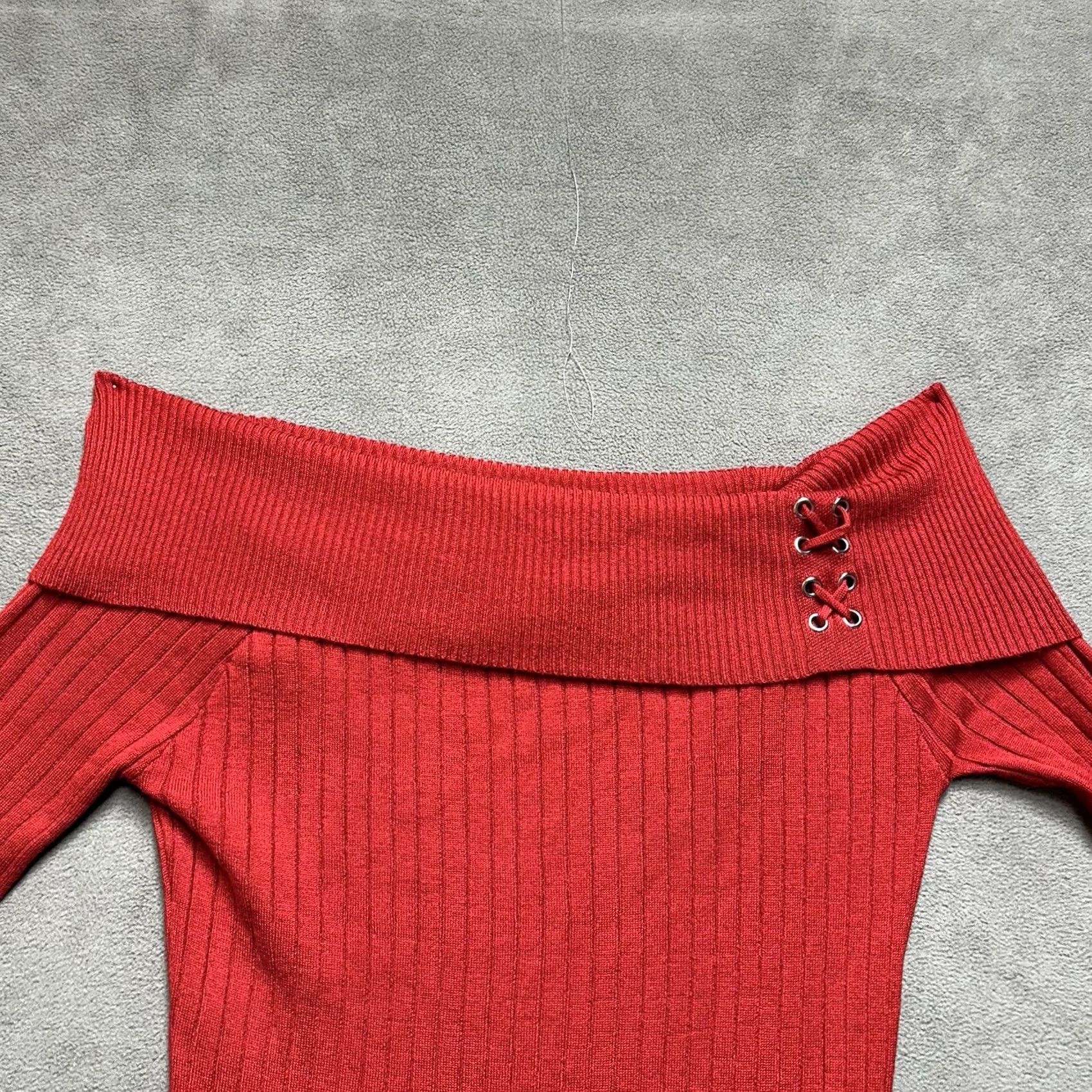 Vintage Alison Andrews Midi Dress Womens M Red Ribbed Off Shoulder Long Sleeve Slim Size M / US 6-8 / IT 42-44 - 3 Thumbnail