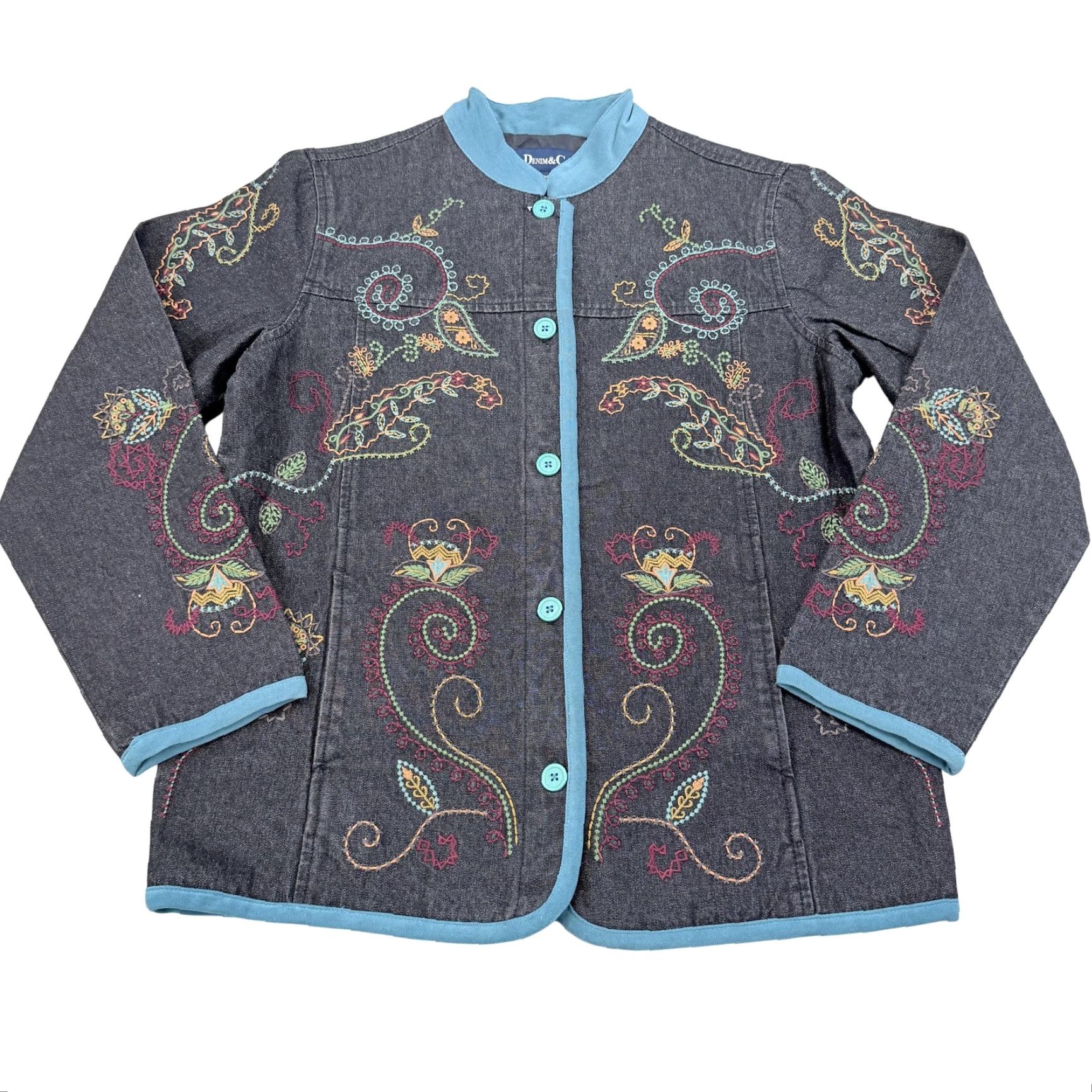 Denim & Co. Denim & Co Jacket Womens XS Blue Embroidered Paisley Button Front Mid-Length Casual Bohemian Flower Jacket Womens XS Denim & Co Size XS / US 0-2 / IT 36-38 - 2 Thumbnail