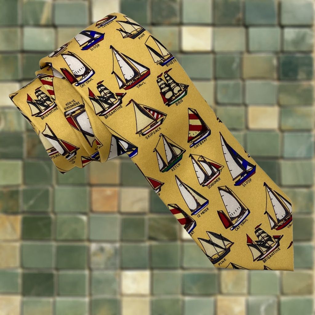 Vintage Alynn Neckwear Name That Boat Tie Eric Holch Silk Necktie Sailboats NWT Sailboats Boats Nautical Yellow 57-60" Mens Silk Tie Size ONE SIZE - 1 Thumbnail