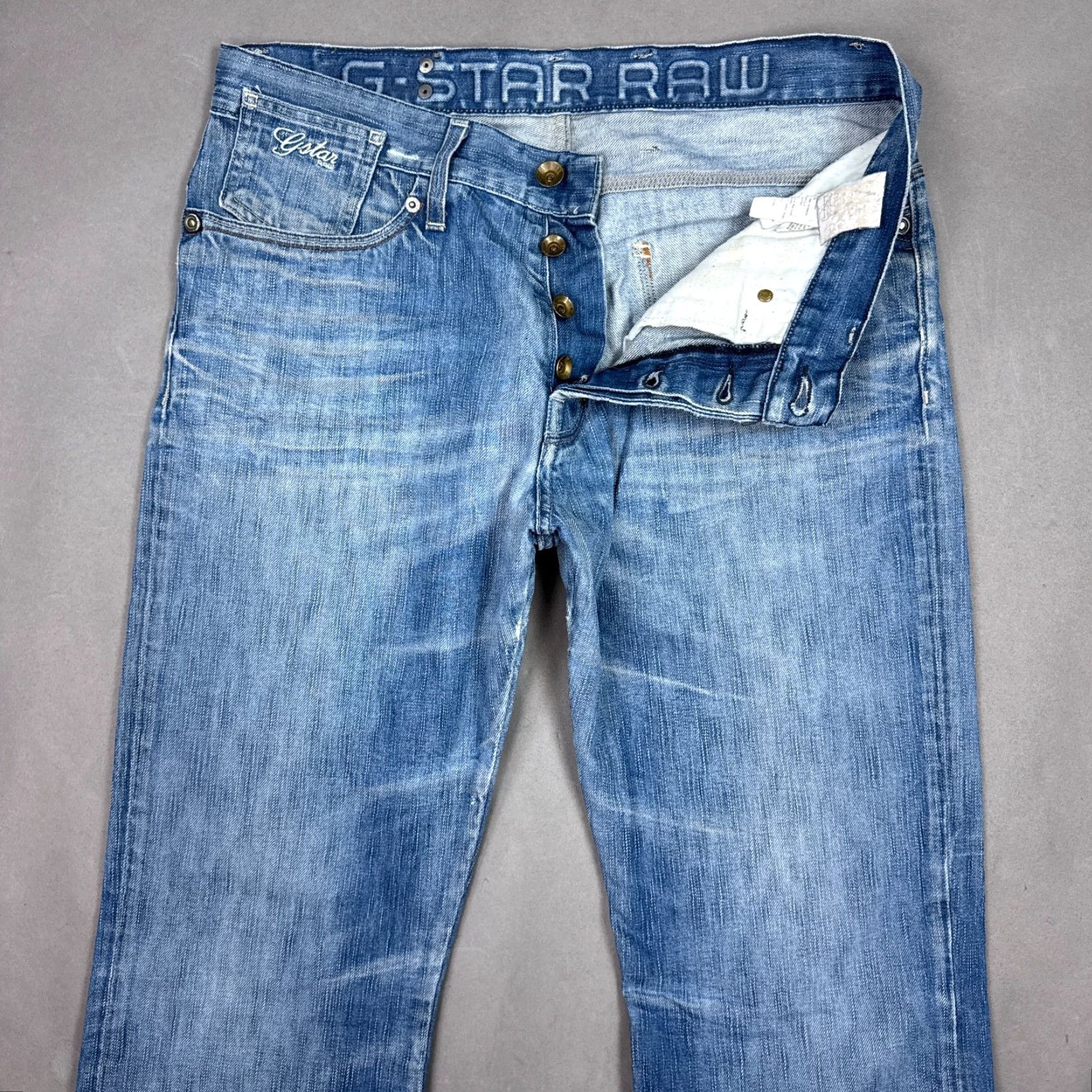 G-Star G Star Raw Jeans Mens 34x32 Blue Coder Button Fly Faded Distressed Denim 5-Pocket Straight Regular Jeans Mens XS? Size US 33 - 2 Thumbnail