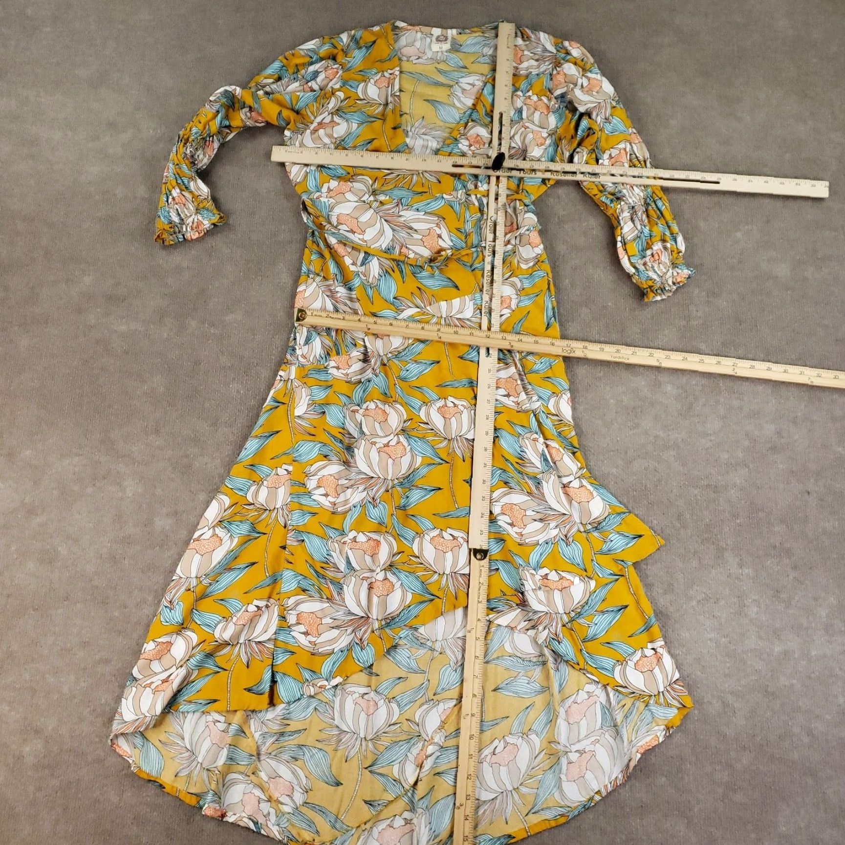 Vintage ELF Made By Hand Womens Medium Yellow Floral Wrap Dress Midi 3/4 Sleeve Size M / US 6-8 / IT 42-44 - 2 Thumbnail