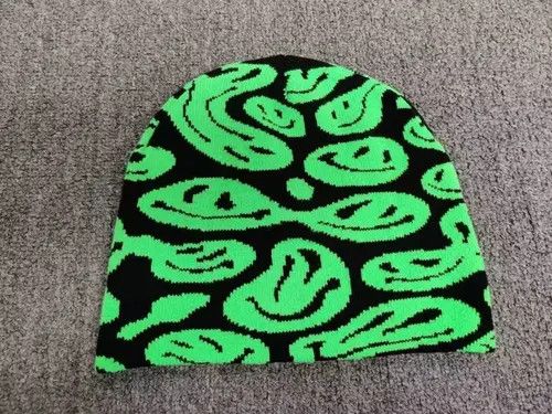 Japanese Brand Trippy Smiley Acid Emoji Graphic No Cuff Beanie Hat Black Size ONE SIZE - 1 Thumbnail