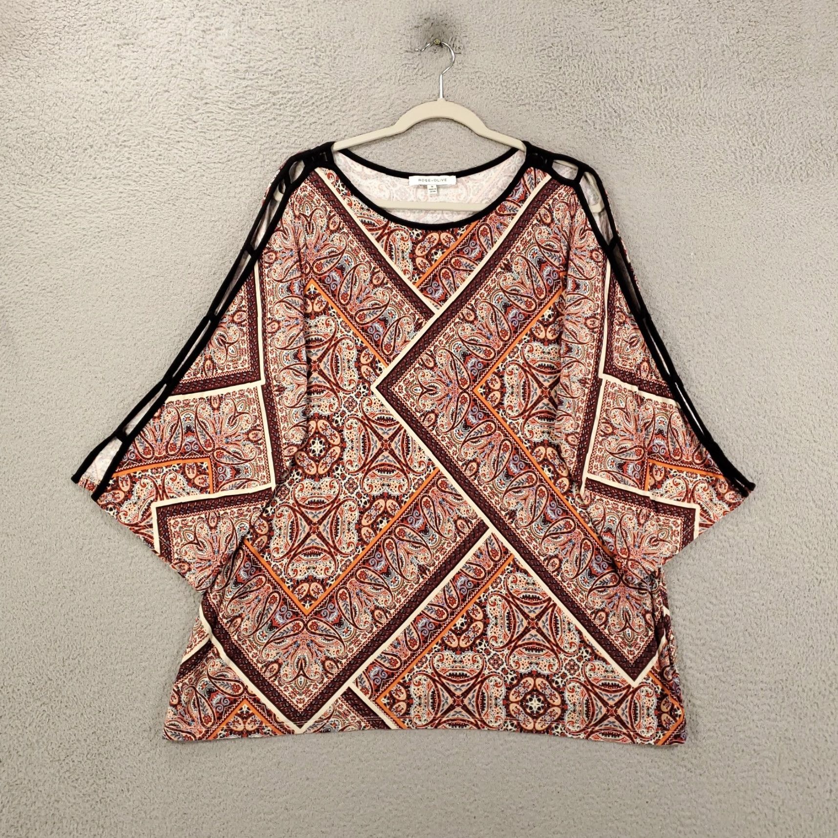 Vintage Rose And Olive Tunic Womens 1X Boho Geometric Cold Shoulder Sleeves Stretchy Top Size XL / US 12-14 / IT 48-50 - 2 Thumbnail