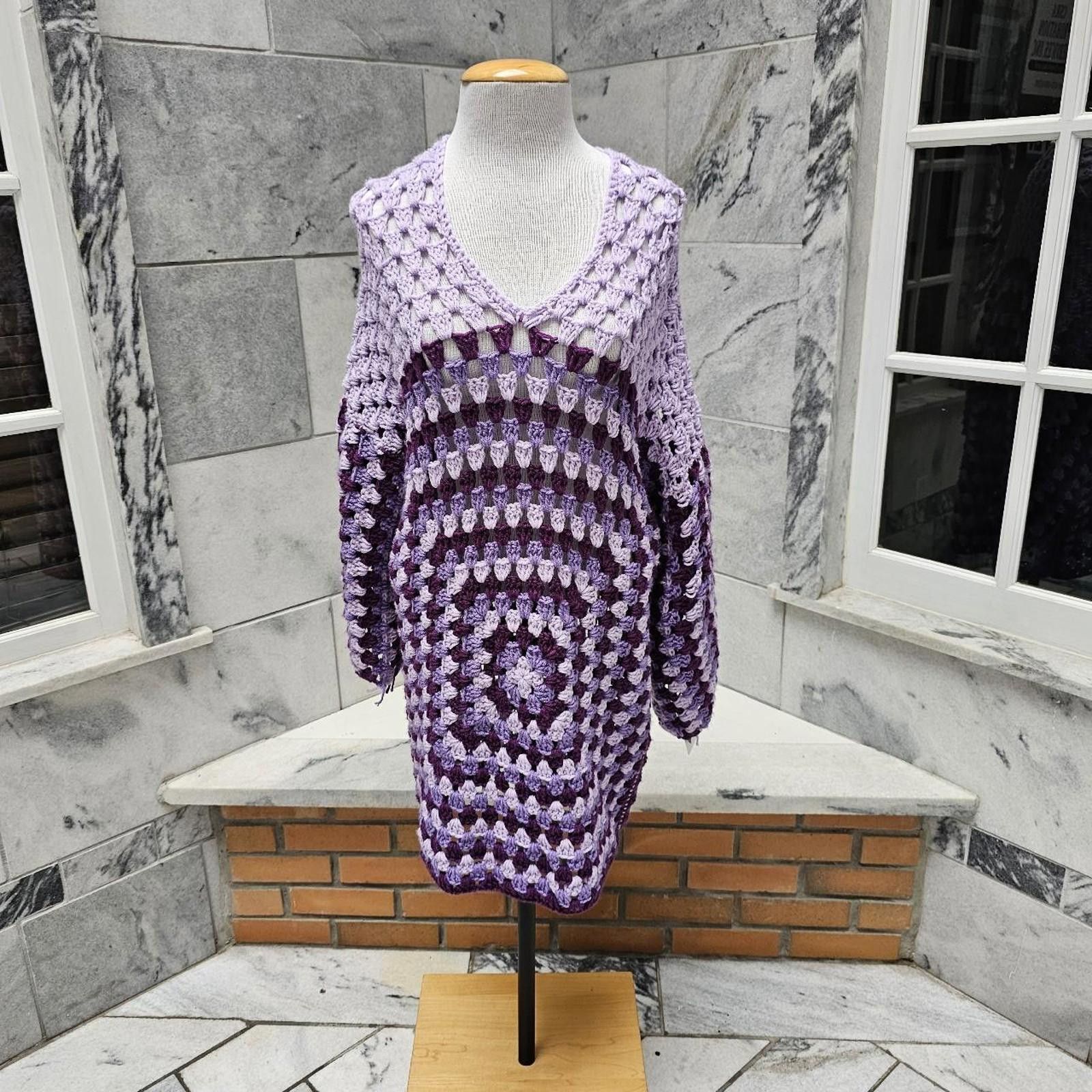 Other Women's Purple Handmade Crochet Sweater Dress Size ONE SIZE - 1 Thumbnail