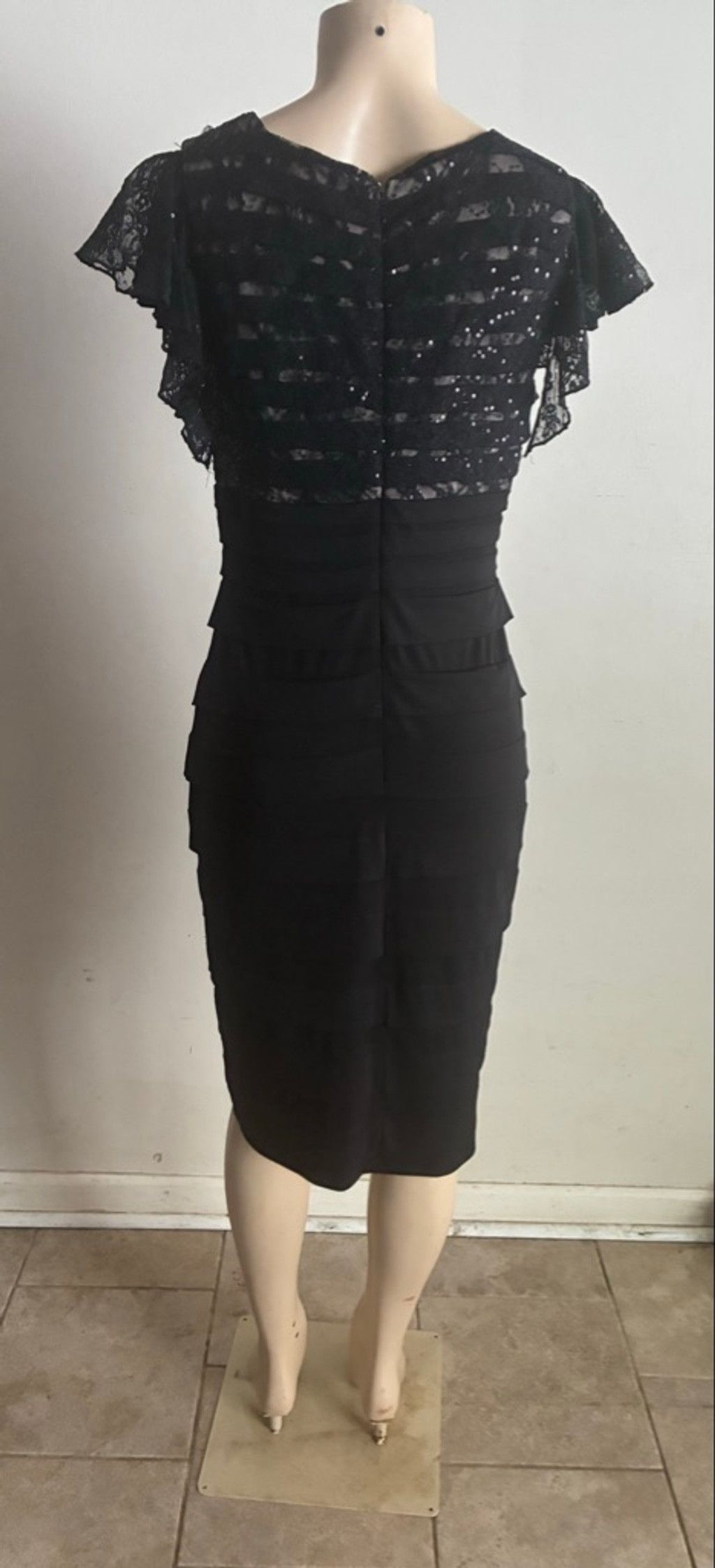 black sequin and lace sheath cocktail dress