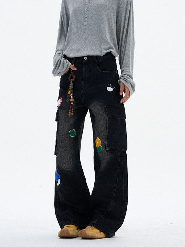 Japanese Brand Retro men's loose distressed embroidered patchwork jeans Size US 32 / EU 48 - 3 Thumbnail