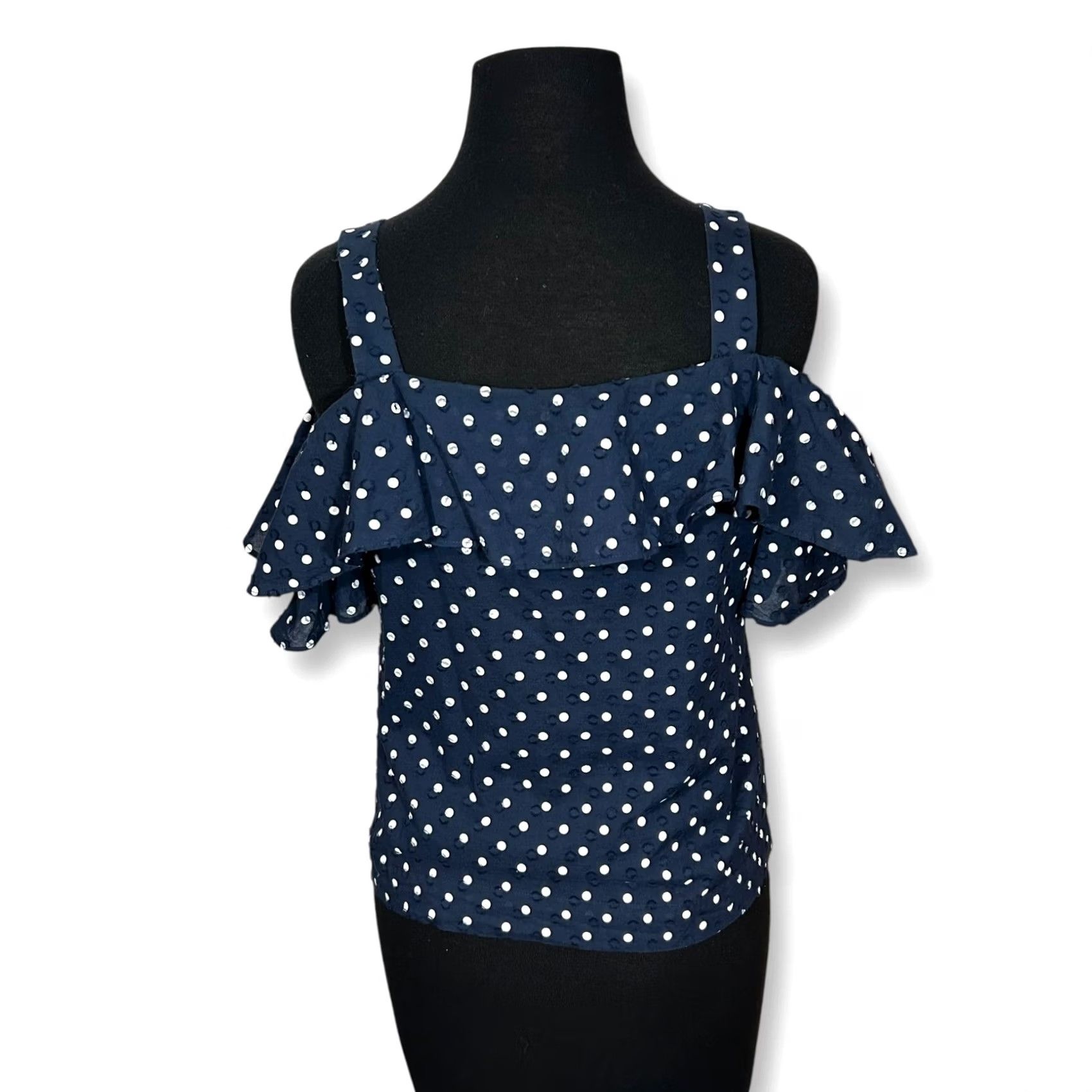 J.Crew J. Crew Blouse Polka Dot Navy Blue Cold Shoulder Ruffle Square Neck Womens 4 Size S / US 4 / IT 40 - 2 Thumbnail
