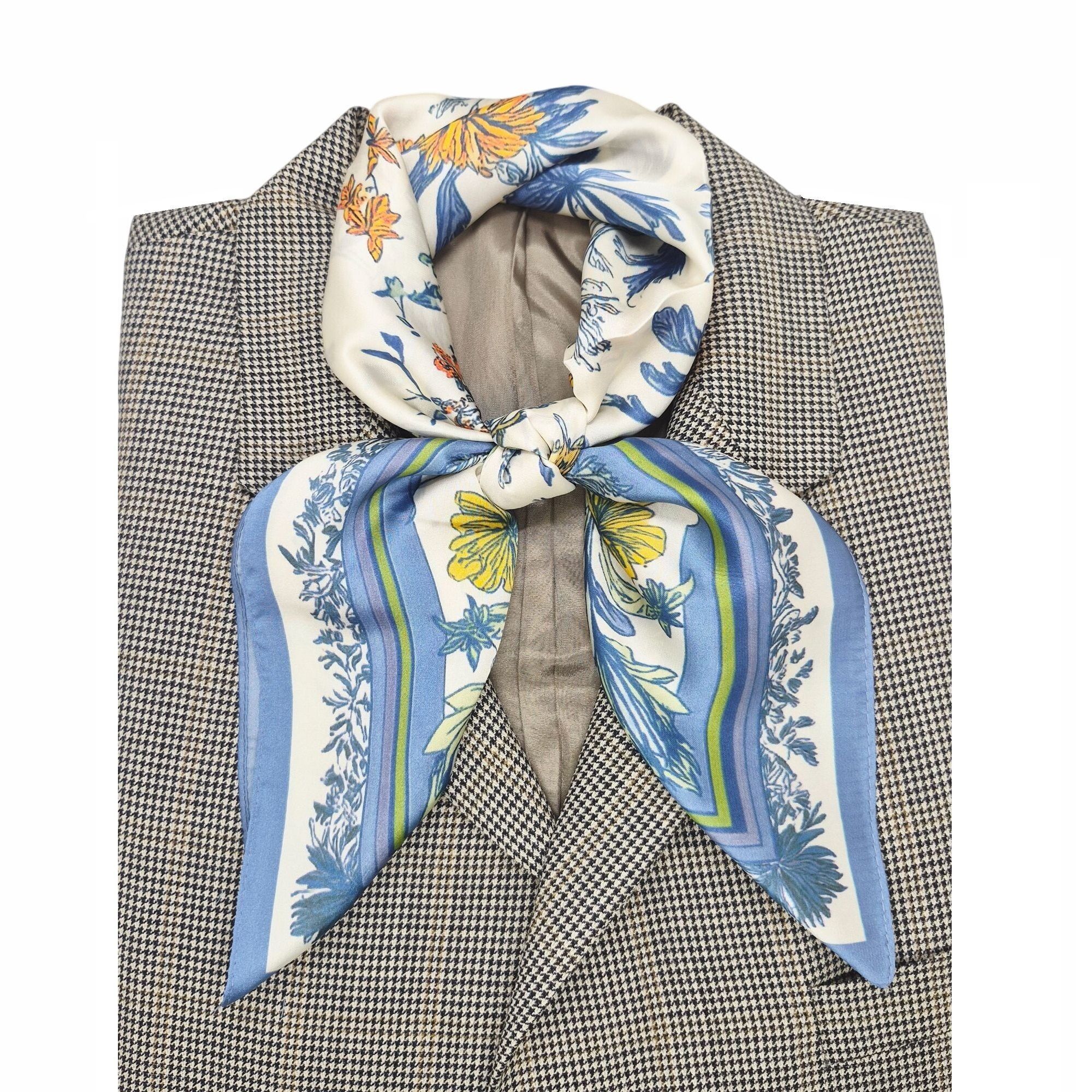 Other ✨Elegant Blue Floral Silky Square Scarf Beige Blue Luxury Ne Size ONE SIZE - 2 Thumbnail