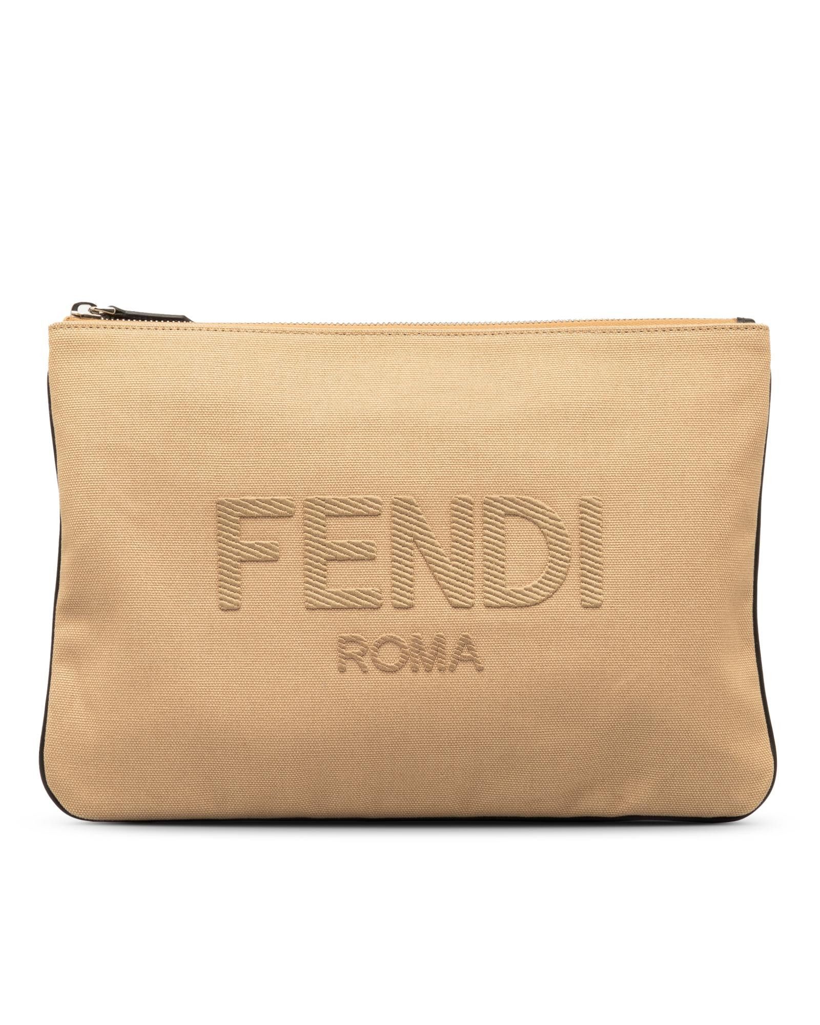 image of Fendi Canvas Zippered Clutch Bag in Brown, Women's