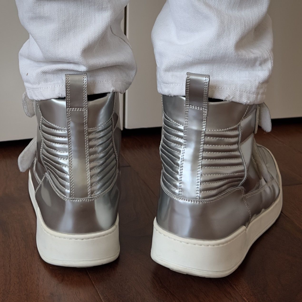 Balmain Balmain High-Top Metallic Silver Leather Strap Sneakers Size US 10 / EU 43 - 4 Thumbnail