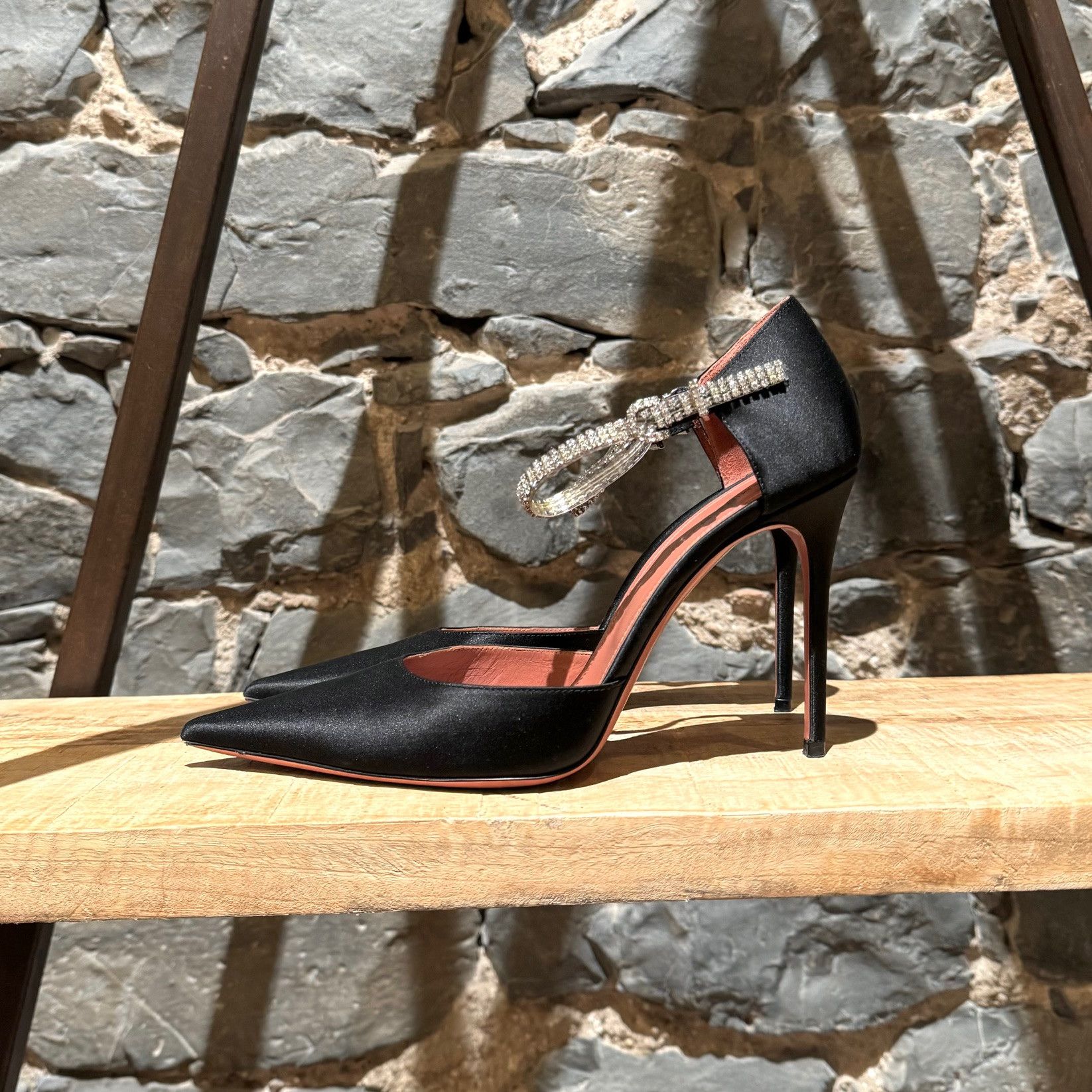 Amina Muaddi Amina Muaddi SS21 Ursina Black Satin Crystal Ankle Pumps Size US 9 / IT 39 - 6 Thumbnail