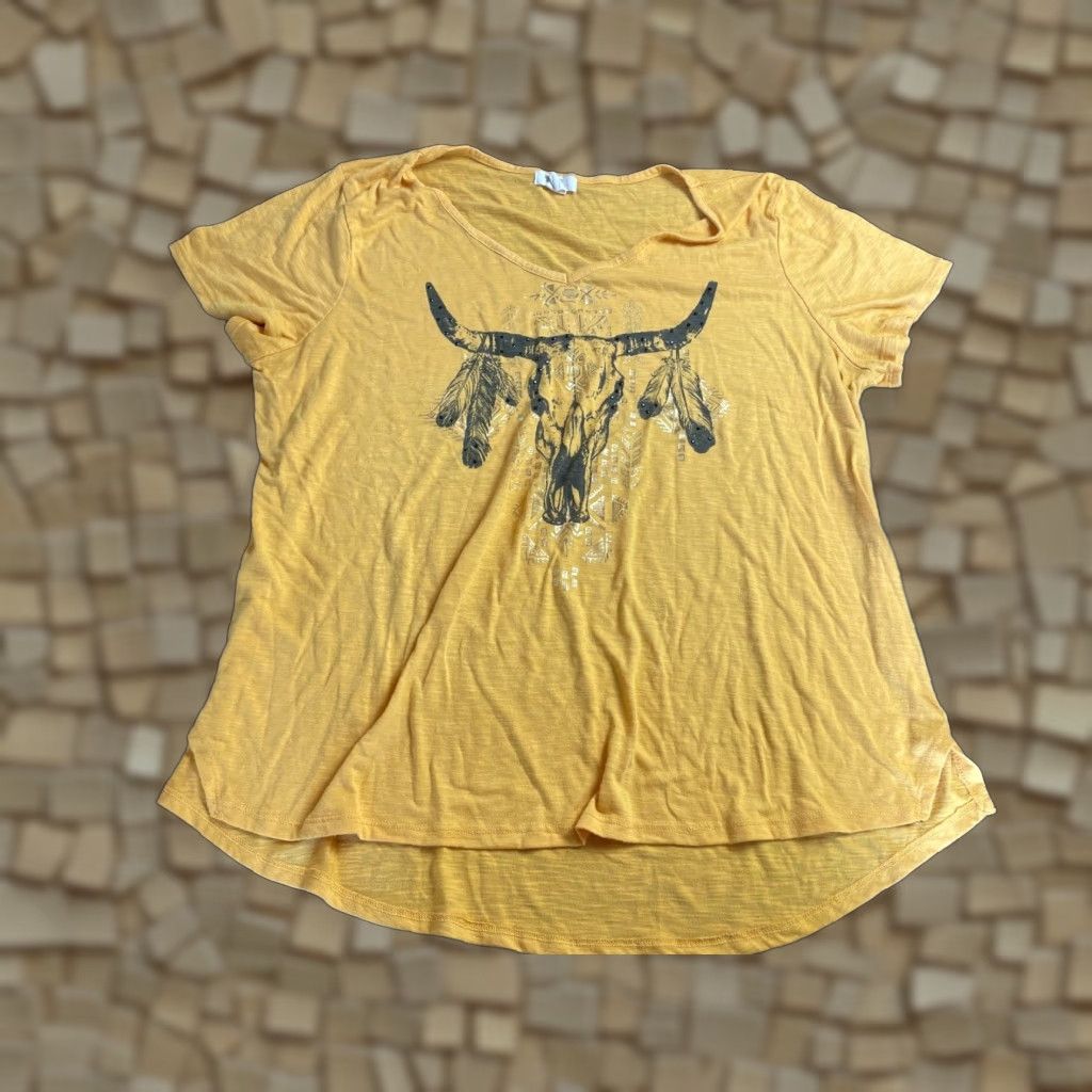 Madison Madison & Berkeley Shirt Women’s Size 2X Mustard Yellow Bull Rhinestone Short Sleeve Round Neck Pullover Casual Cotton T-Shirt Vintage No Size L / US 10 / IT 46 - 1 Thumbnail