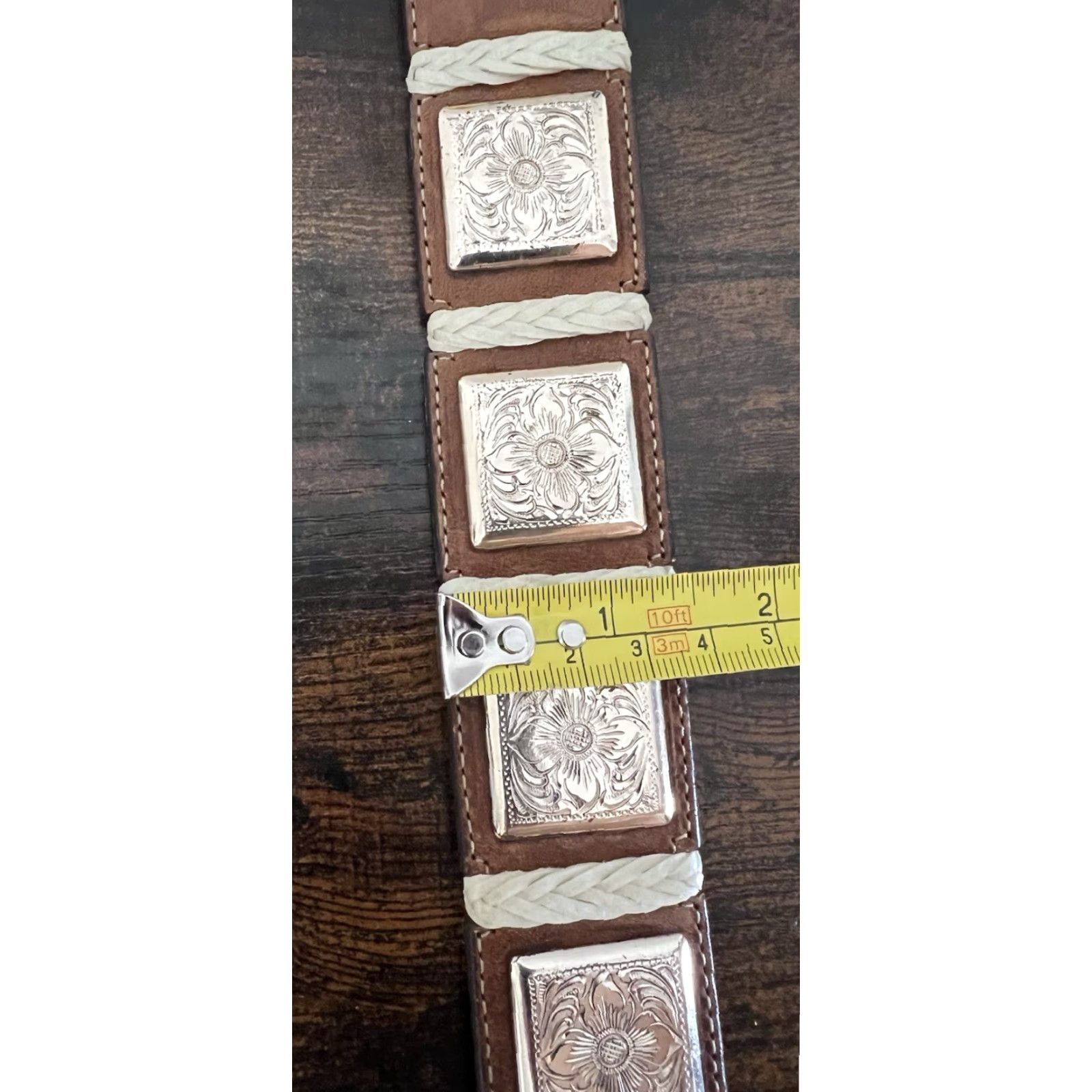 Tony Lama VINTAGE Tony Lama Belt 36 Brown Silver Rhinestone Buckle Leather Floral Medallion Square Belt Women 36-37 in Adjustable Western USA Cowboys Girls Size ONE SIZE - 7 Thumbnail