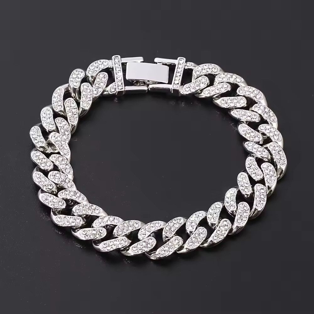 Other 13mm White Rhinestone Miami Cuban Chain Bracelet Size ONE SIZE - 2 Thumbnail
