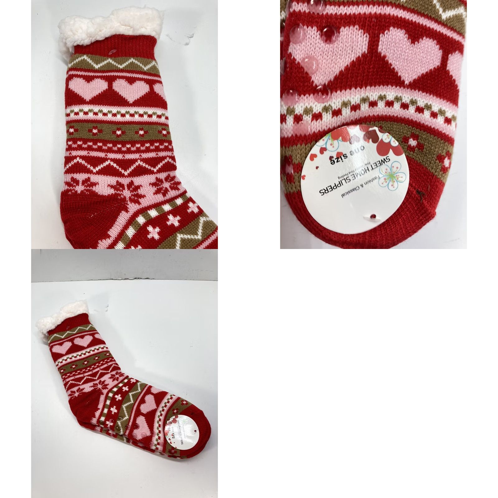 Vintage Sweet Home Slippers Socks Women Slipper One Size Fleece Lining Heart Snow NWT Red White Christmas Holiday Winter Cushioned Non-Slip Mid Calf Socks Size ONE SIZE - 9 Thumbnail