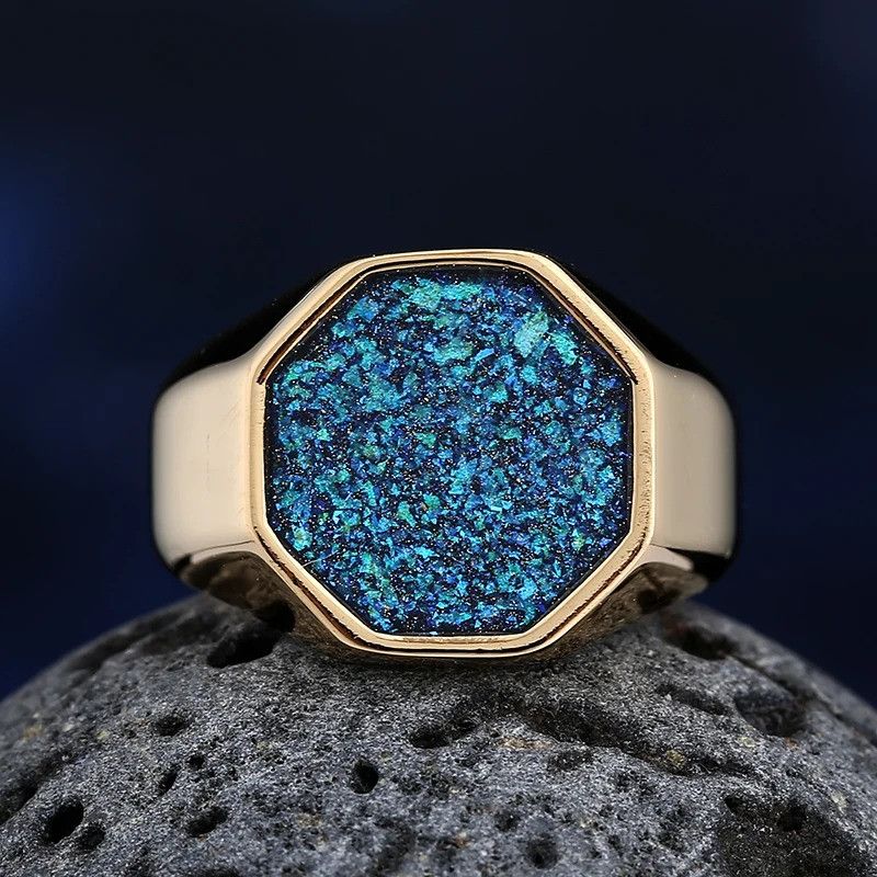 Vintage Geometric Epoxy Blue Gold Ring Size ONE SIZE - 2 Thumbnail