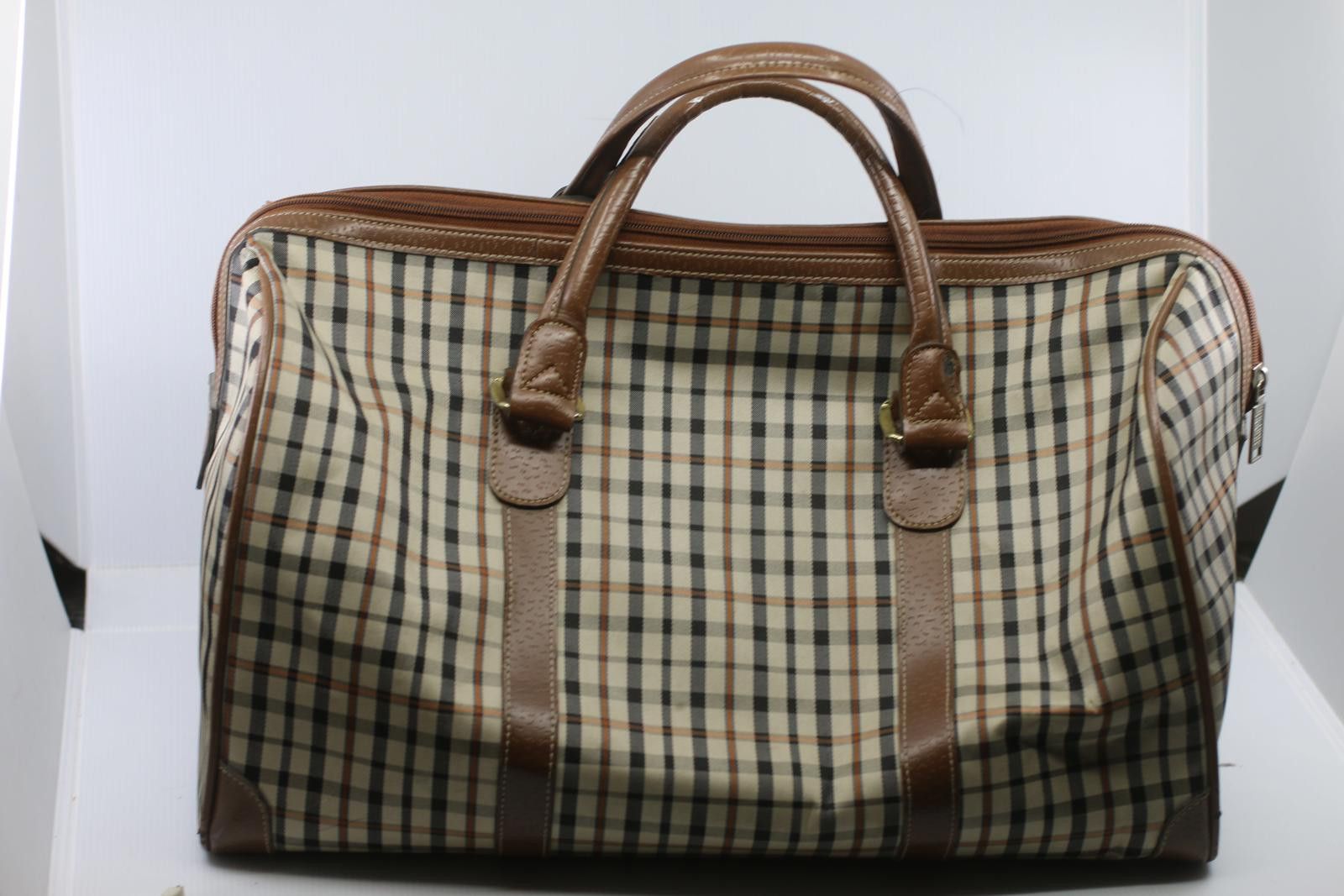 Vintage JAGUAR Plaid Duffle Bag Brown Leather Trim Travel