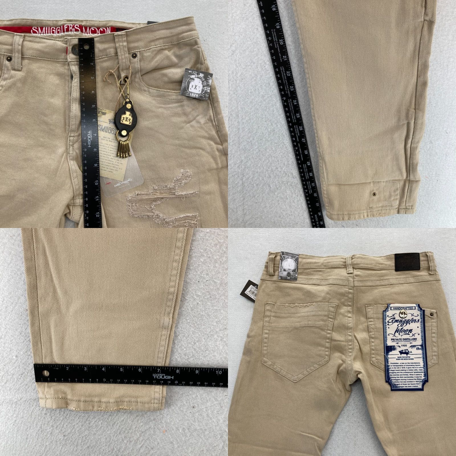 Denime Smugglers Moon Jeans Mens 38x33 Khaki Beige Denim Button Fly Roll Up Distressed Slim 5-Pocket Gothic Punk Rock Skull Mens Jeans Size US 38 / EU 54 - 9 Thumbnail
