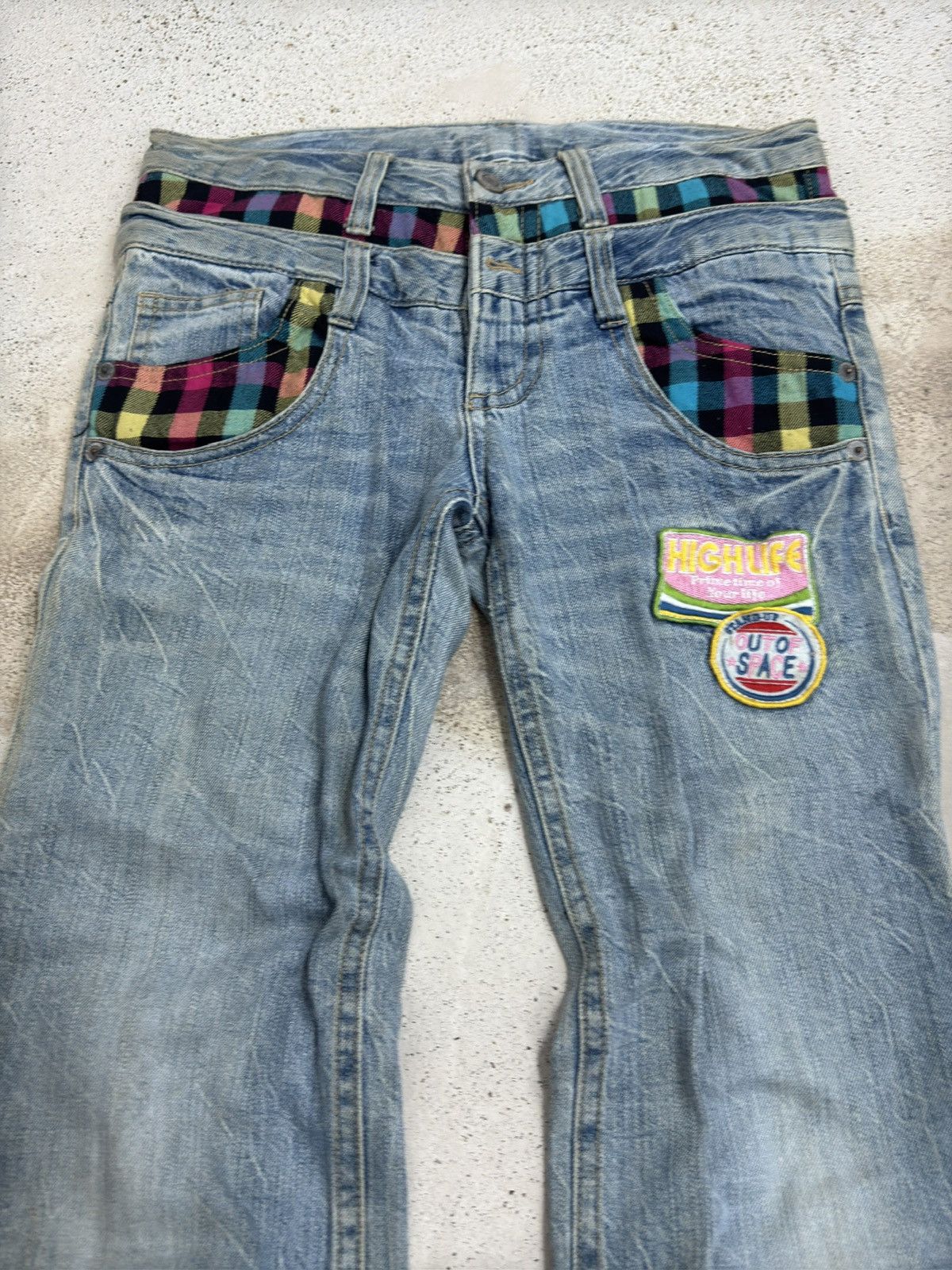Hysteric Glamour Japanese Y2K Double Waist Plaid Patches Sun Faded Denim Size US 31 - 3 Thumbnail