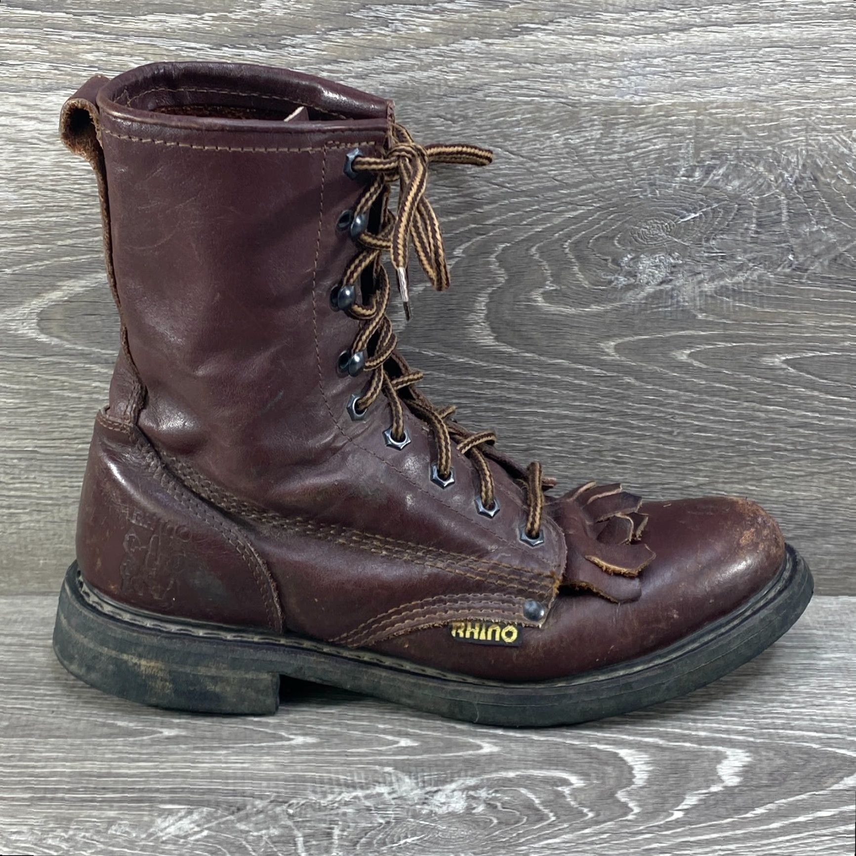 Vintage Rhino Boots Mens 7 Brown Leather Cowboy Western Work Lace Up Logger Kiltie - Vintage Boots Mens Western/Work Brown Leather Size US 7 / EU 40 - 2 Thumbnail