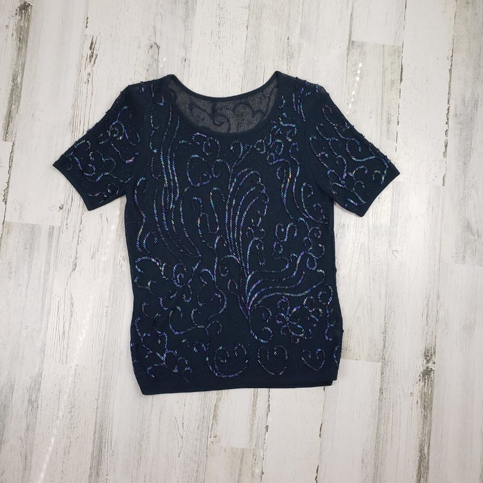 Other Navy Blue Loose Knit Beaded Embellished Semi- Sheer Blouse Size ONE SIZE - 2 Thumbnail