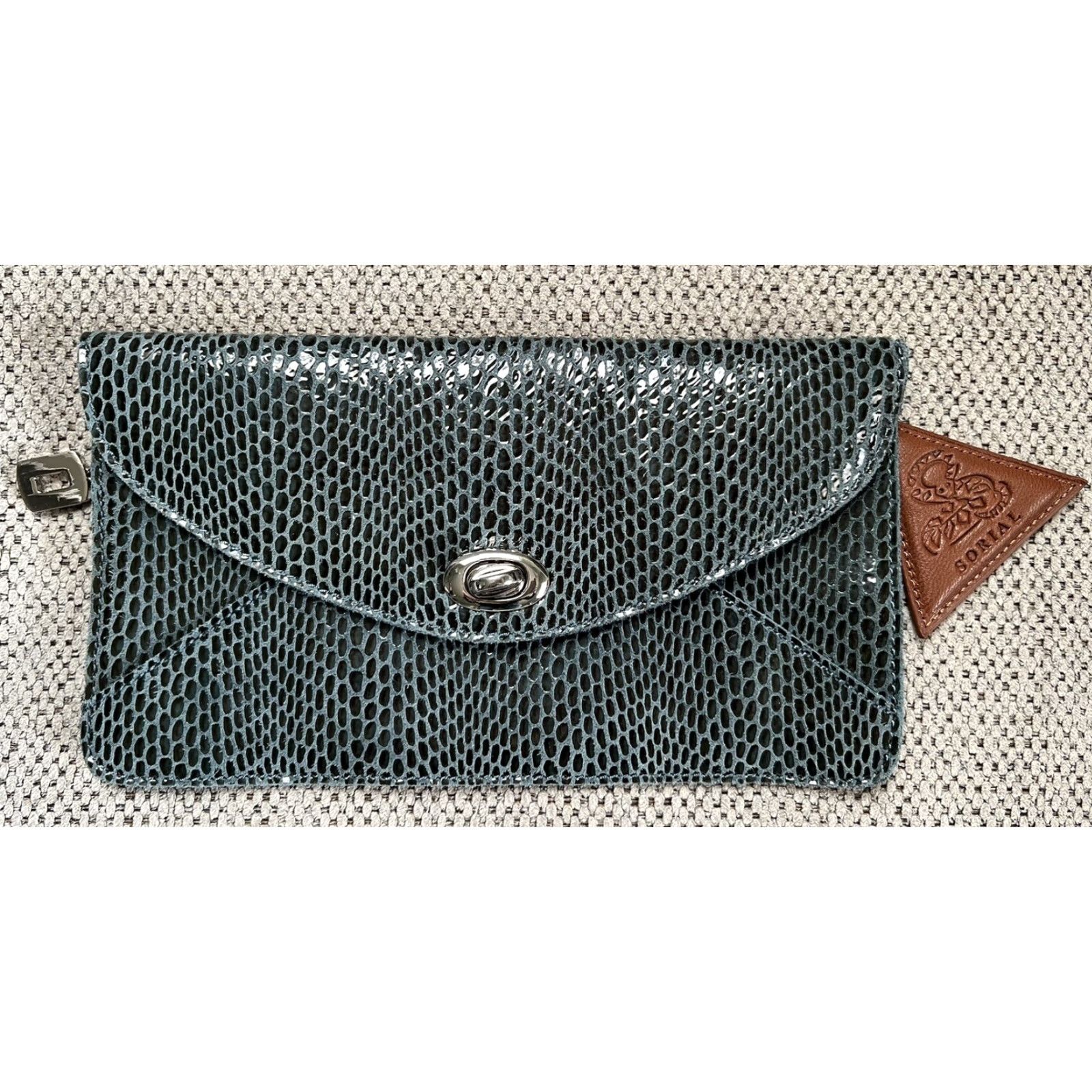 Vintage **SORIAL Coco Rubina Denim Snake Embossed Leather Clutch** User: **SORIAL Coco Rubina Denim Snake Embossed Leather Medium Clutch** Size ONE SIZE - 6 Thumbnail