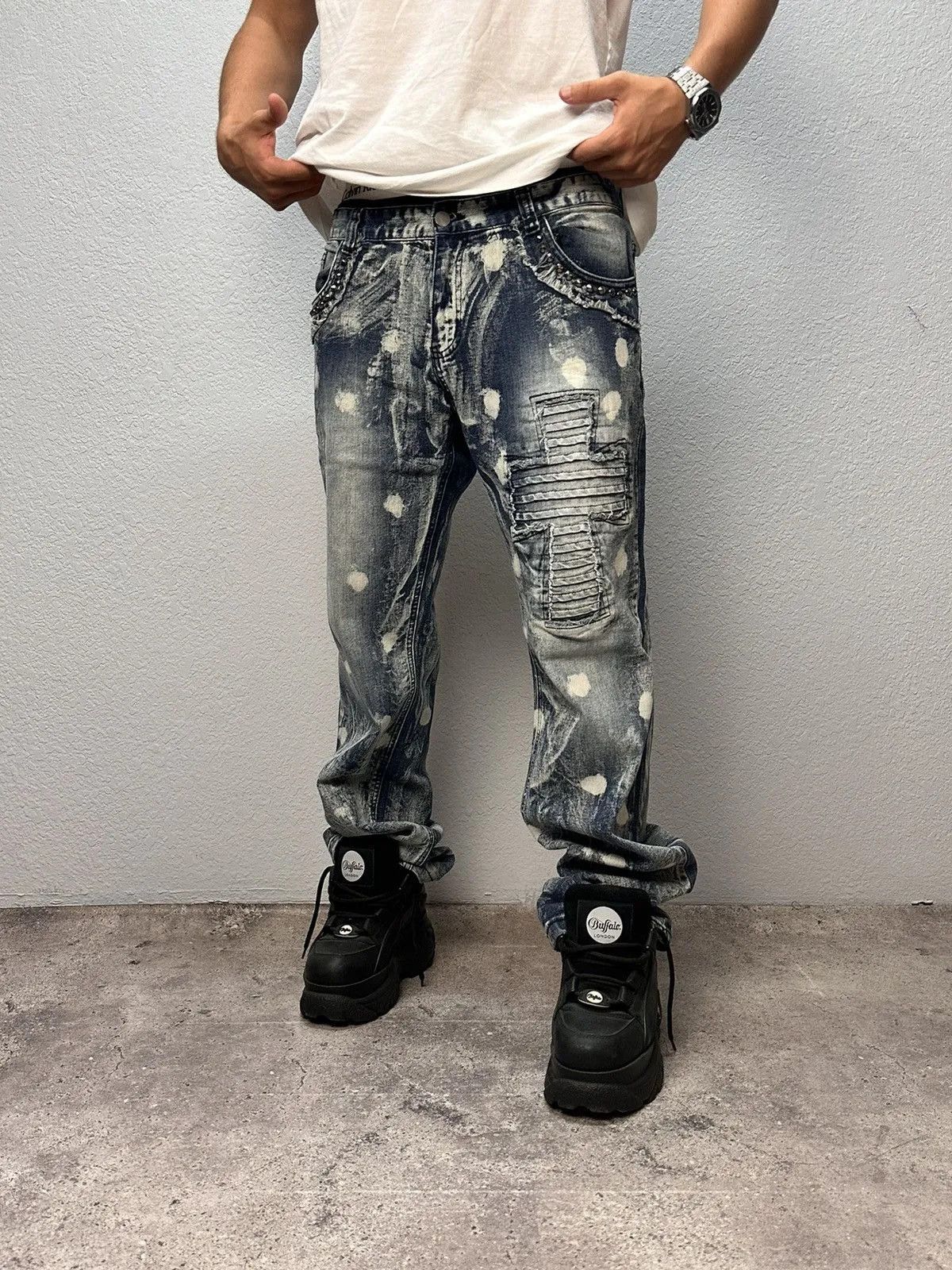 Tornado Mart 👉 Vintage Gothic Cargo Pants Y2K Chrome Ed Hardy Style Size US 34 / EU 50 - 3 Thumbnail